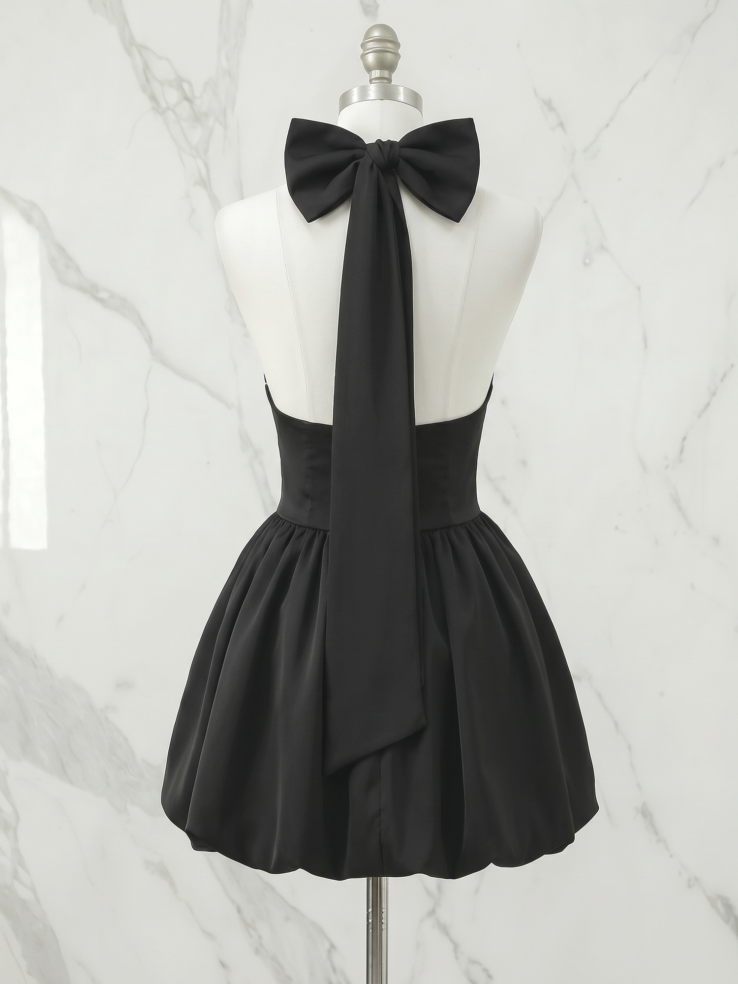Black Halter V-Neck Ruched Homecoming Dress with Statement Bow Back