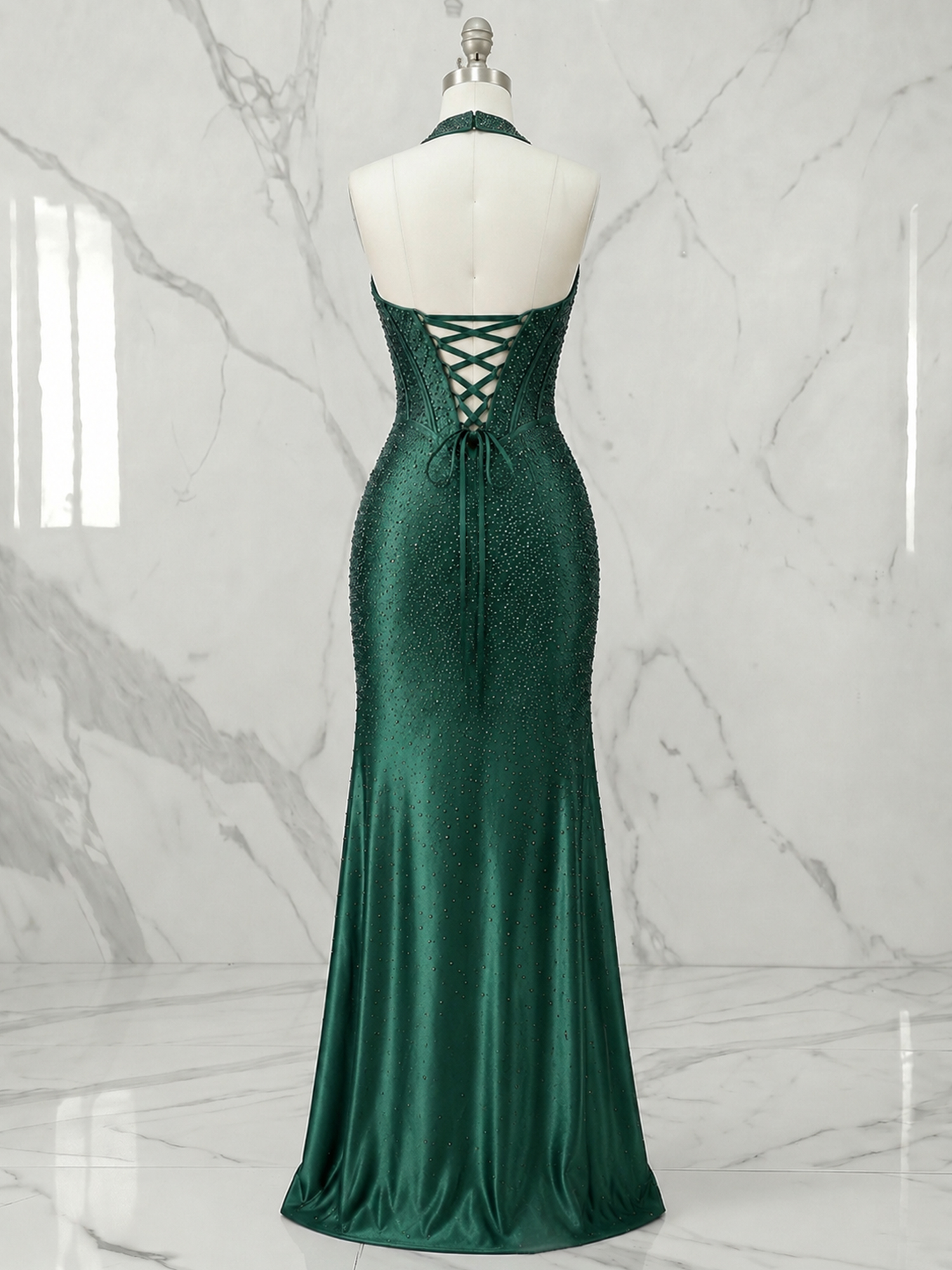 Sultry Emerald Rhinestone Halter Corset Gown with High Slit