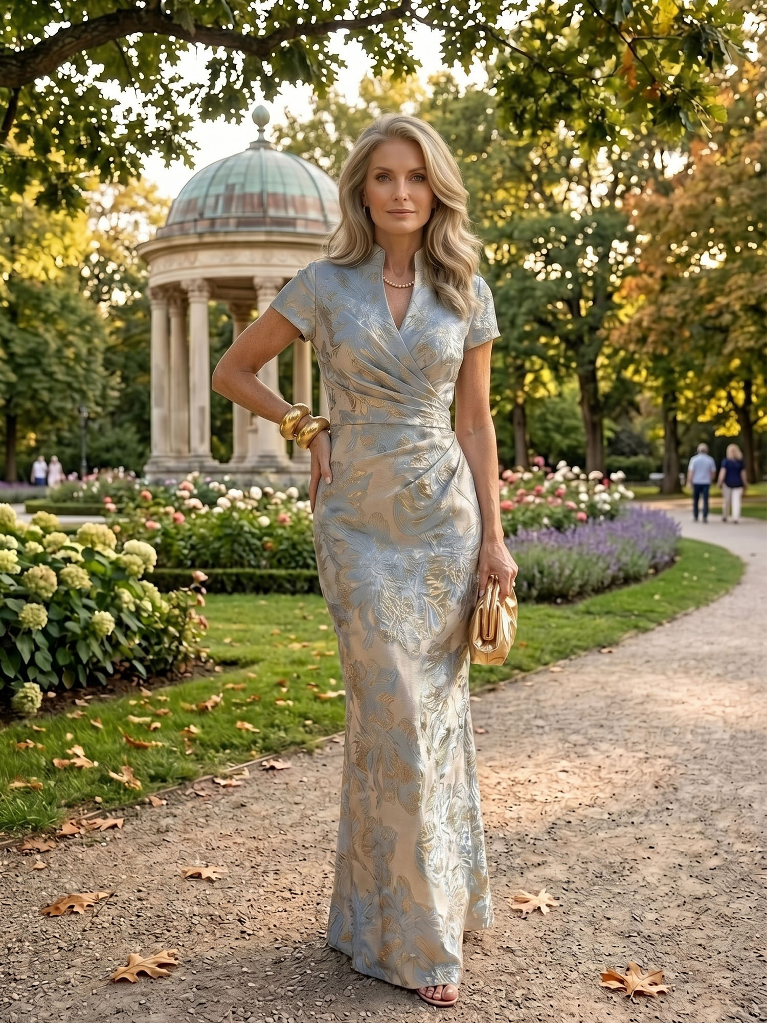 Celestial Brocade V-Neck Floor-Length Mother of the Bride & Groom Dresses with Ruched Waist