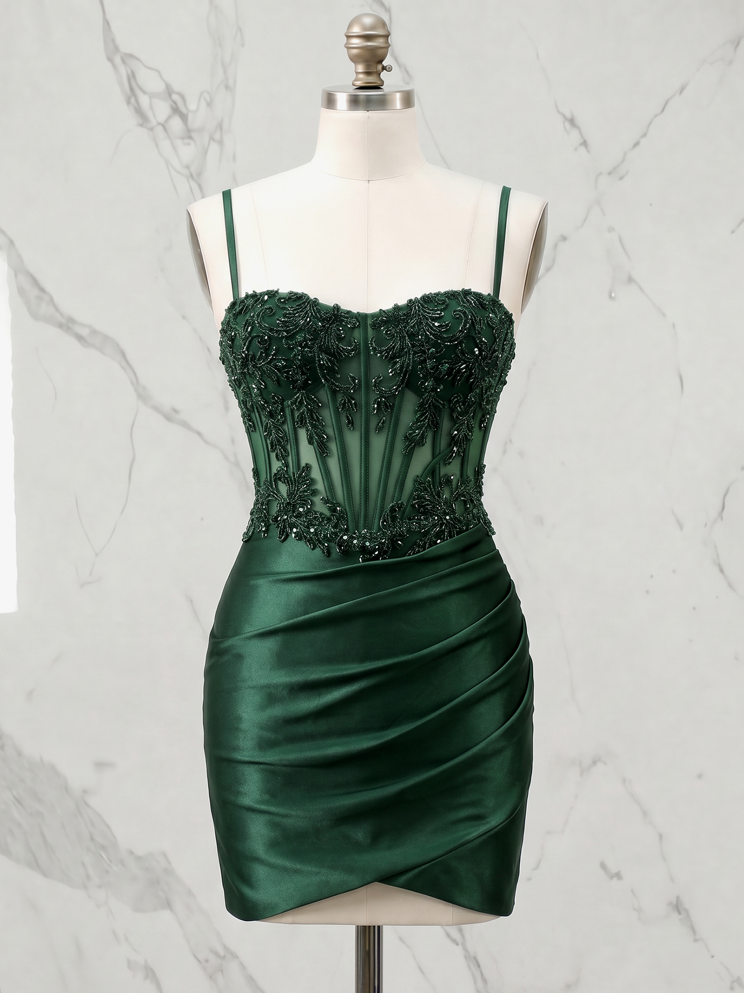 Emerald Green Beaded Lace Sheer Corset Satin Homecoming Dress