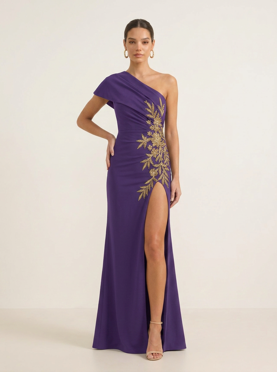 Sophisticated Gold-Embellished One-Shoulder Evening Dress With Slit