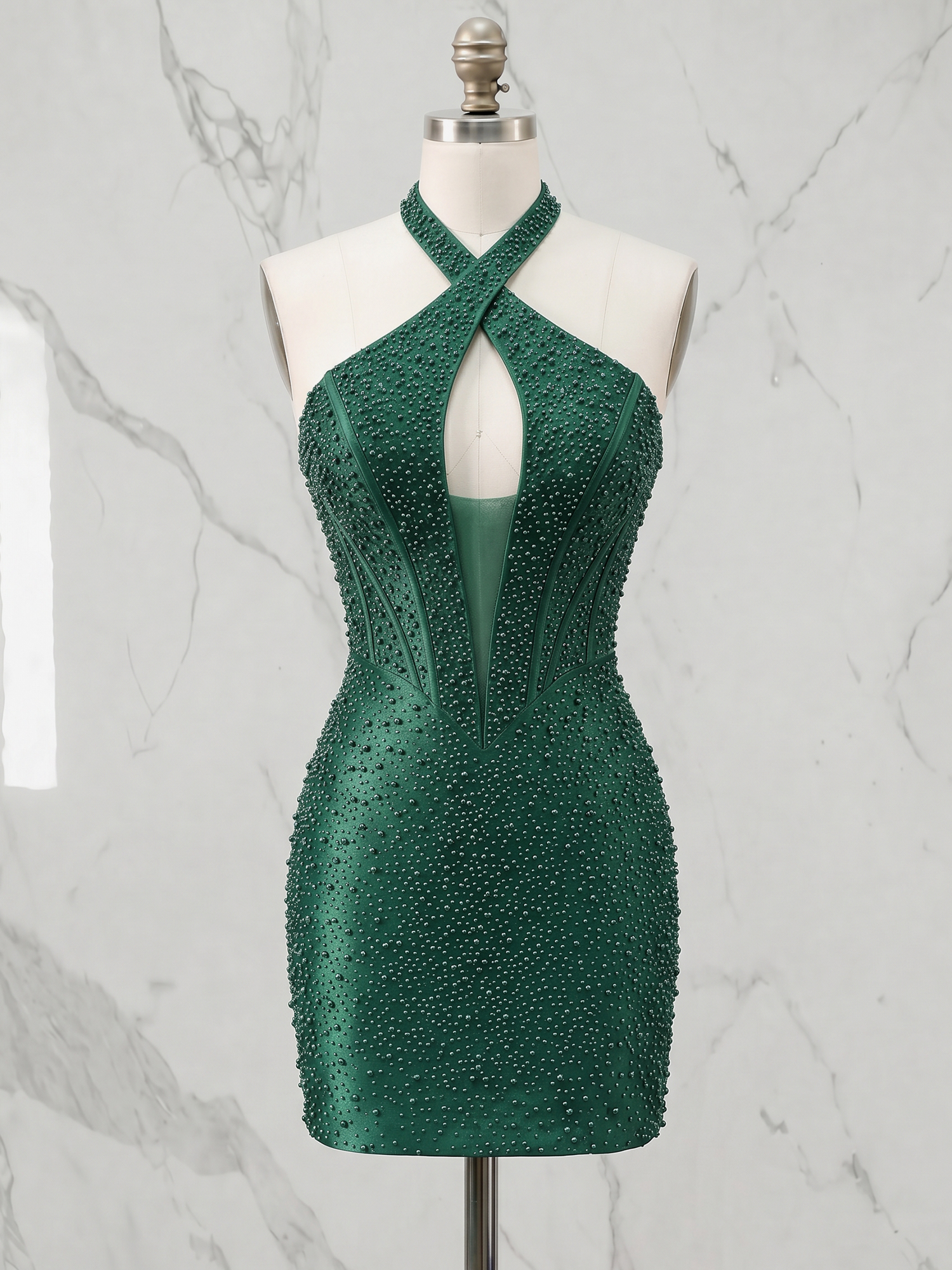 Opulent Emerald Green Beaded Corset Halter Dress Homecoming Dress