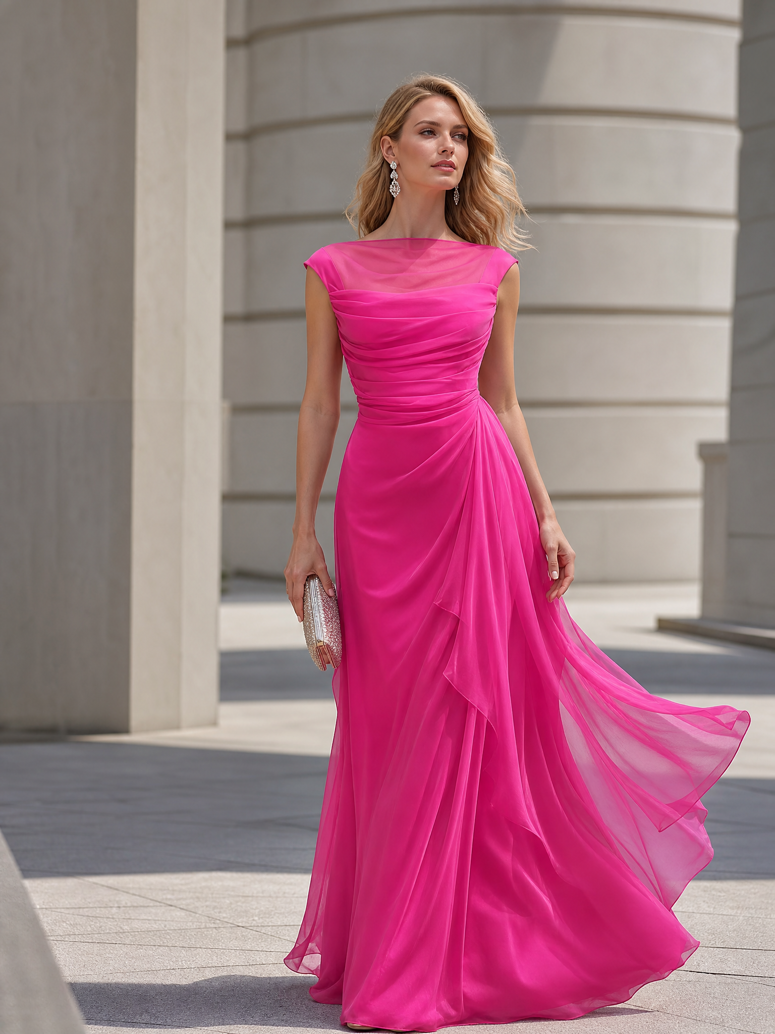 Ethereal Fuchsia Ruched Chiffon A-Line Formal Evening Dress