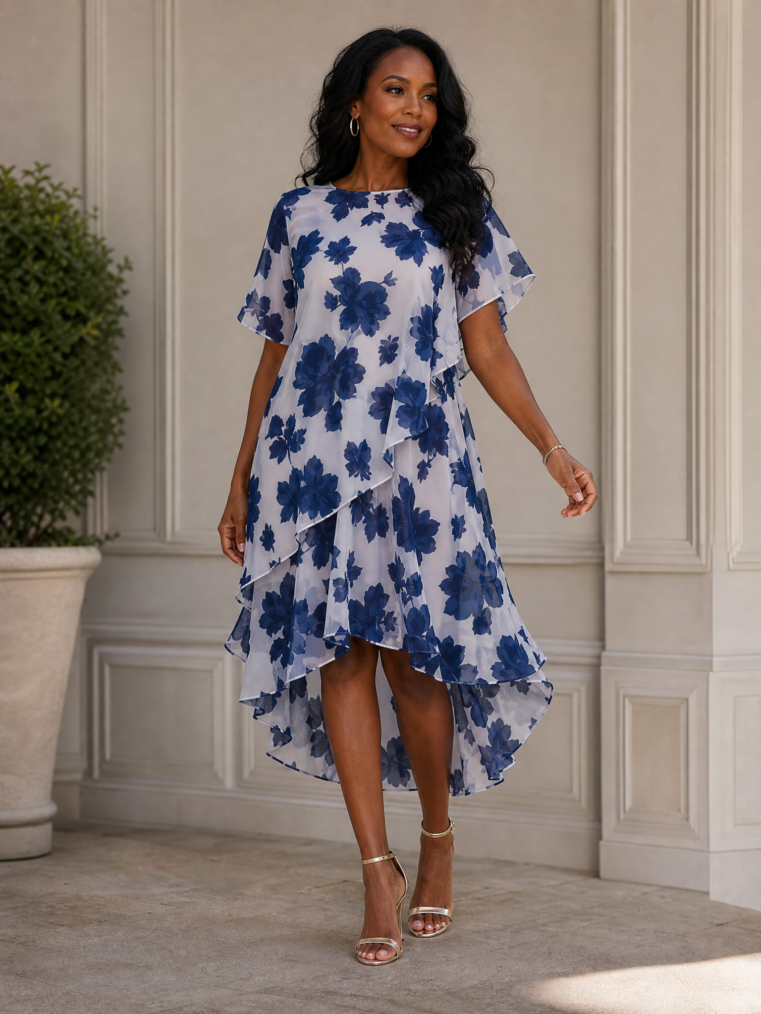  Luminous Royal Blue Floral Chiffon High-Low Midi Formal Evening Dress