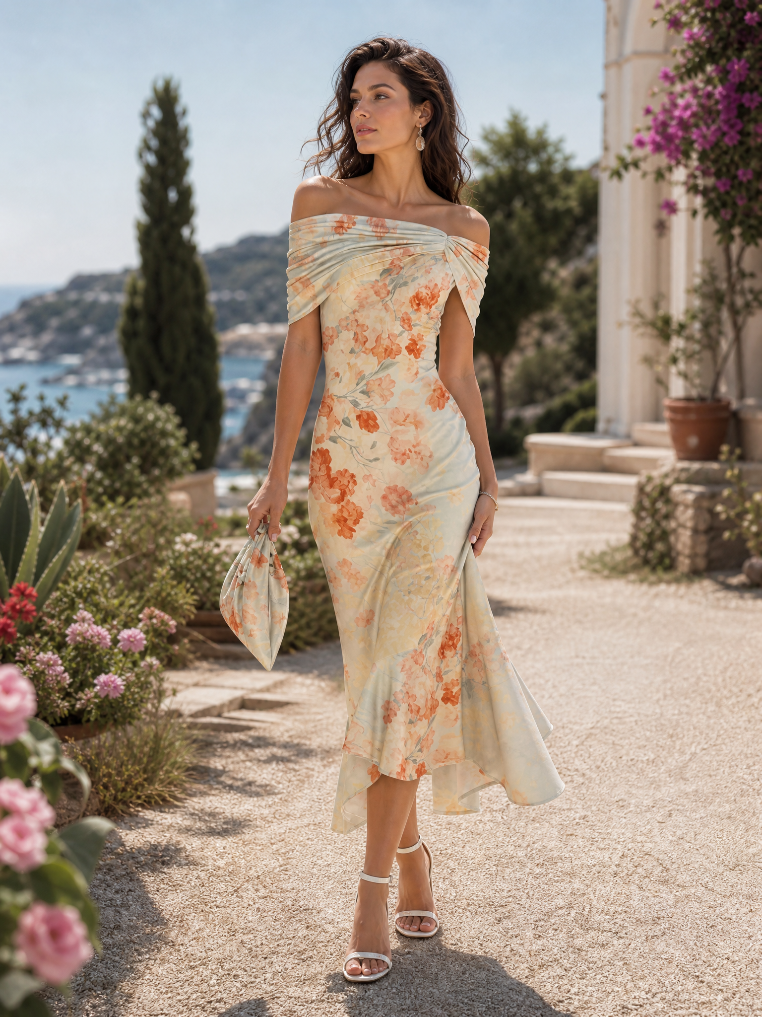Ethereal Ivory Floral Off-The-Shoulder Sheath Midi Gown Dress