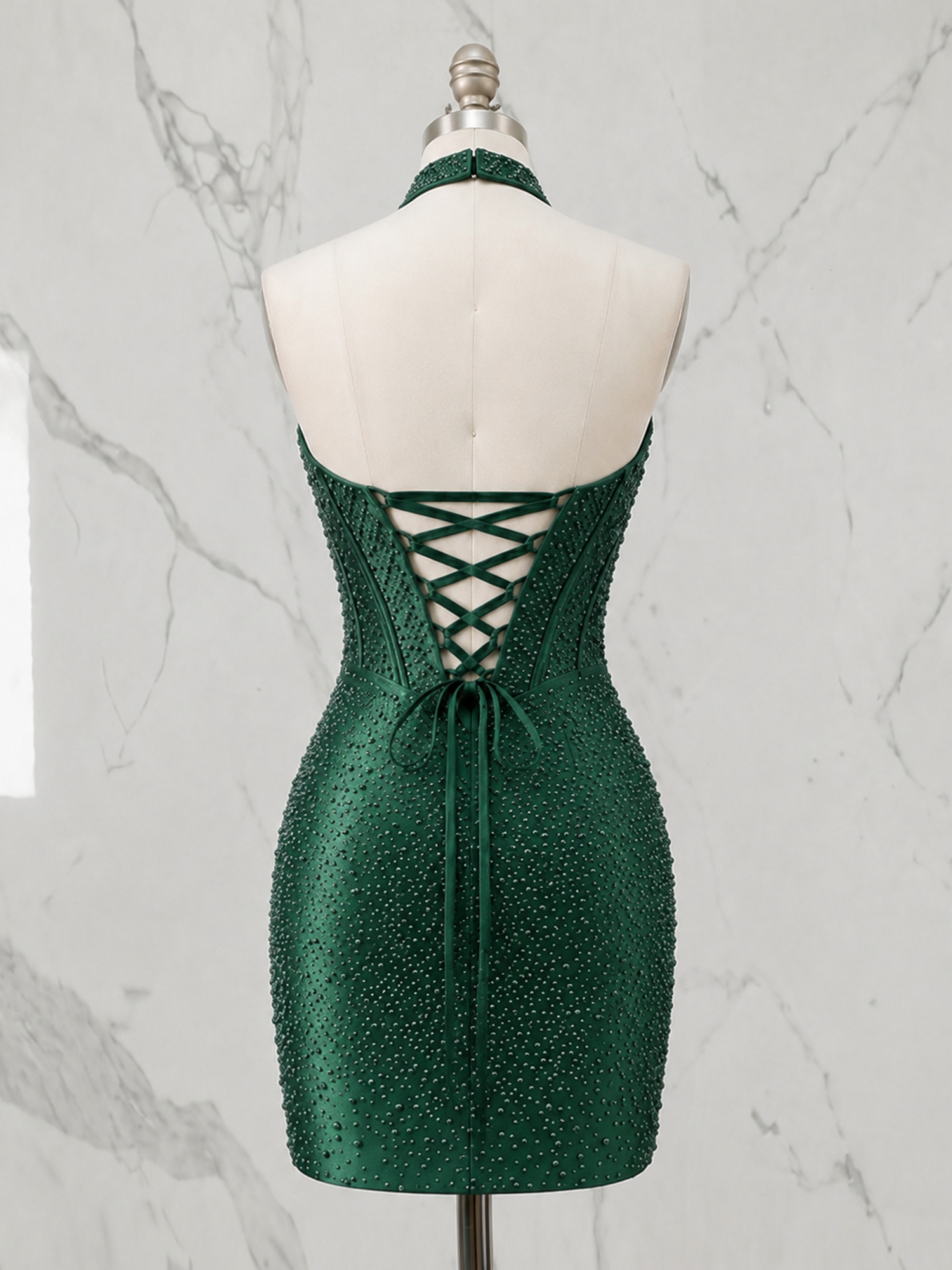 Opulent Emerald Green Beaded Corset Halter Dress Homecoming Dress