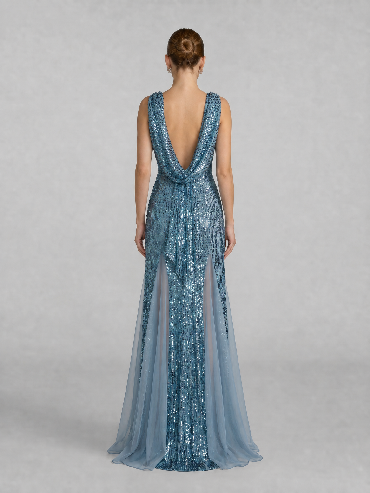 Luminous Steel Blue Sequin Slit Sheath Formal Evening Dress 