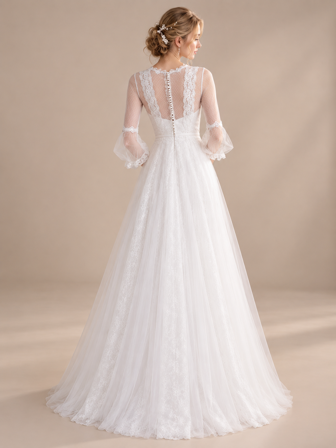 Ethereal White Lace Sheer Bishop-Sleeve A-Line Wedding Dress 