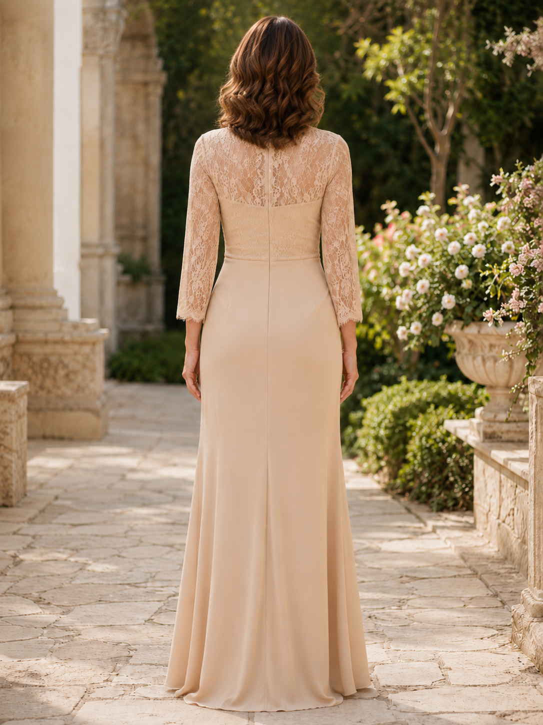 Champagne Lace Crepe Mermaid V-Neck Maxi Mother of the Bride & Groom Dresses
