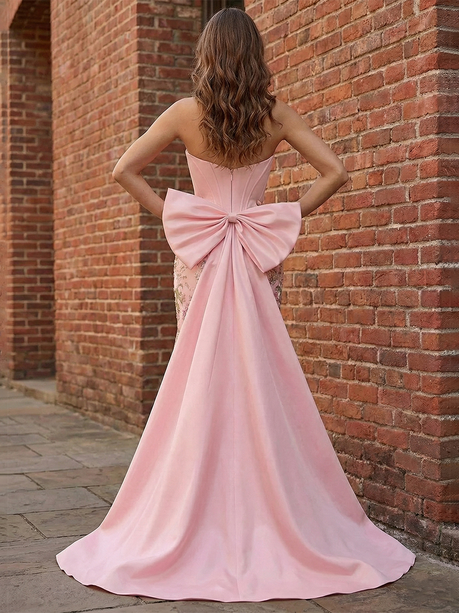 Sparkly Champagne Mermaid Prom Dress with Oversized Statement Bow  Sequin Finish