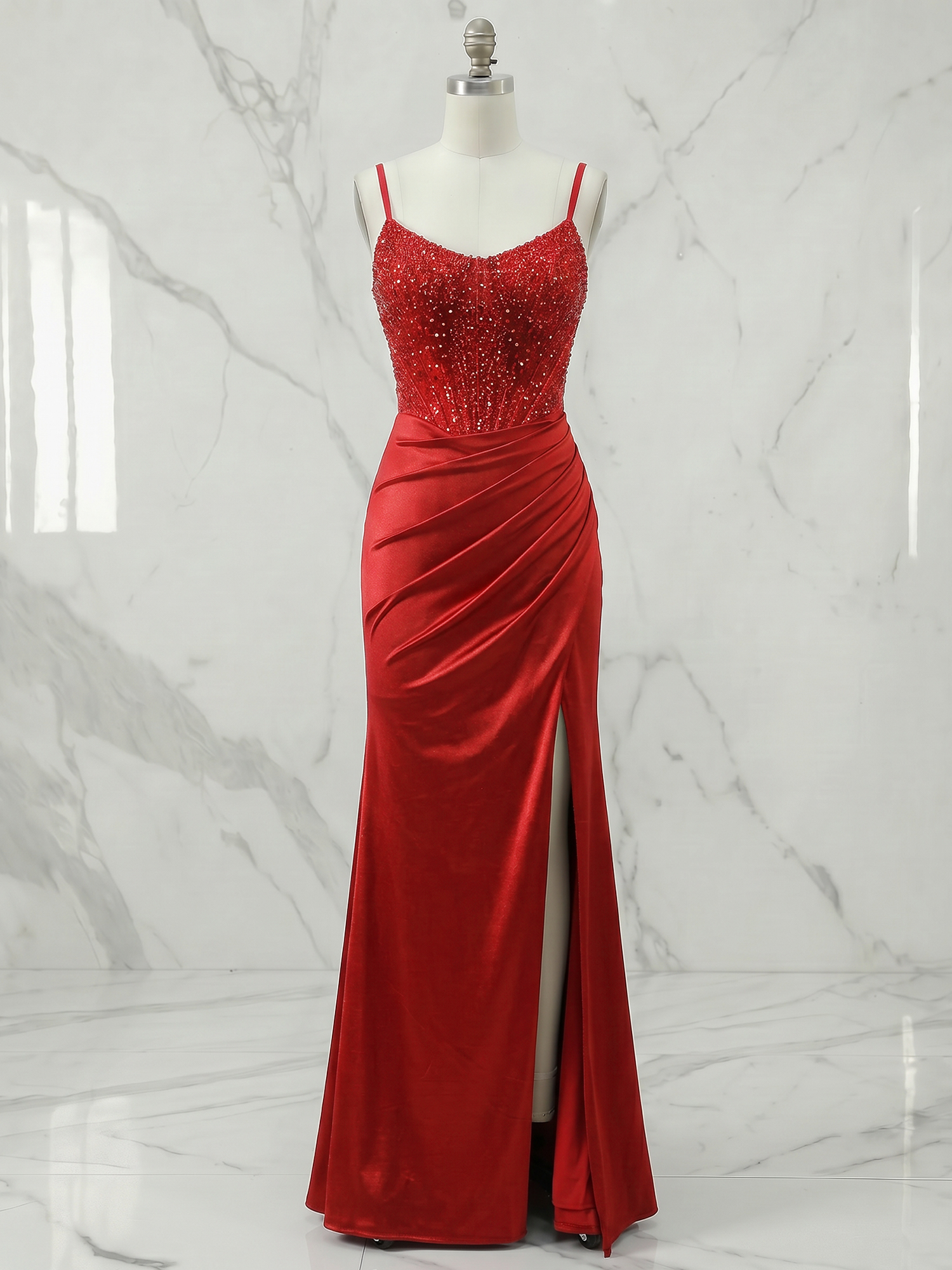 Red Radiance Beaded Corset Ruched Satin Prom Dress with High Slit