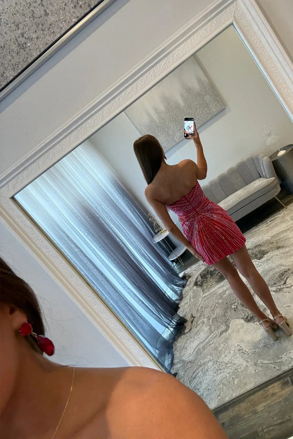 Strapless Deep V Beaded Homecoming Dress with Slit