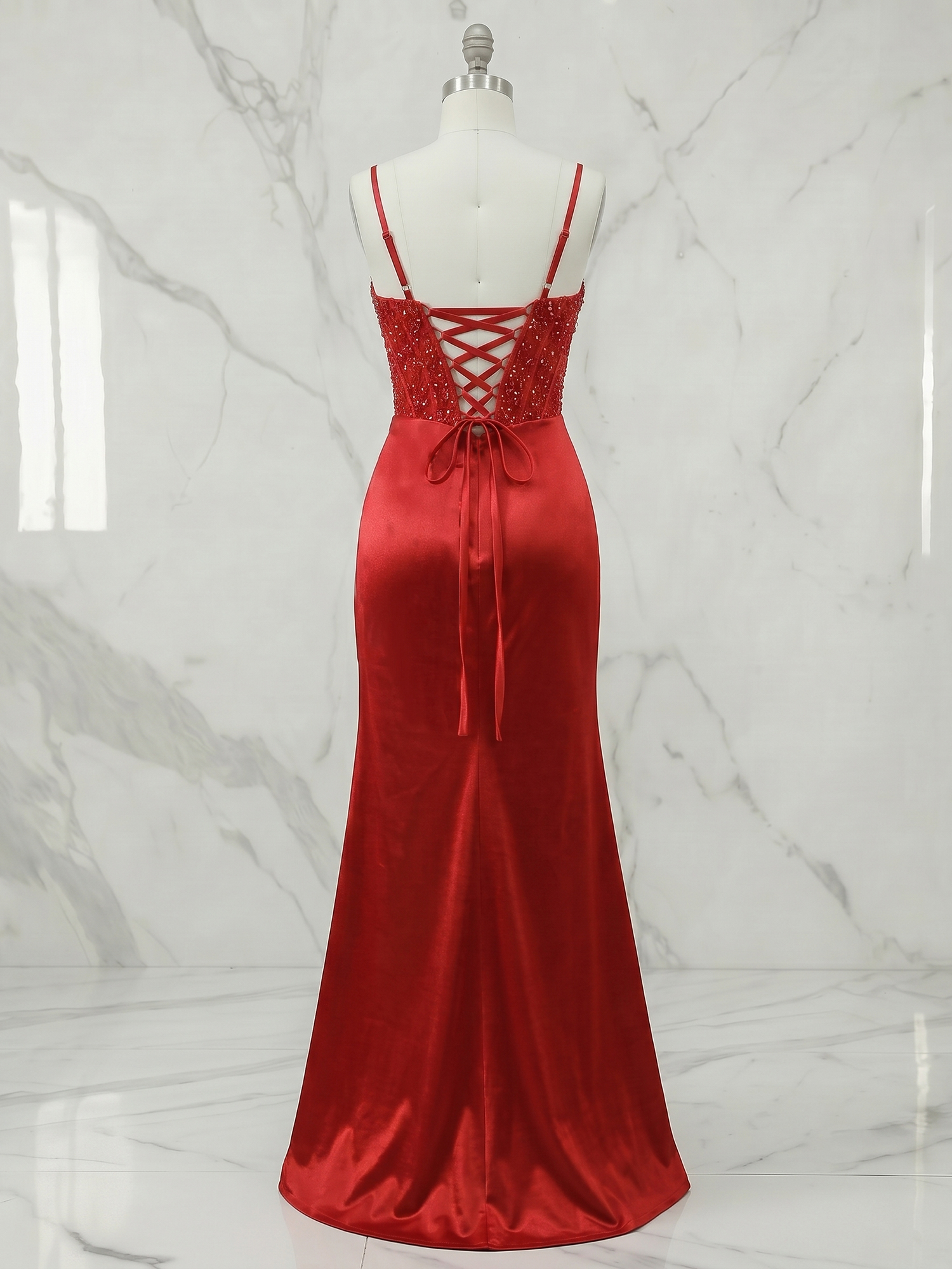 Red Radiance Beaded Corset Ruched Satin Prom Dress with High Slit