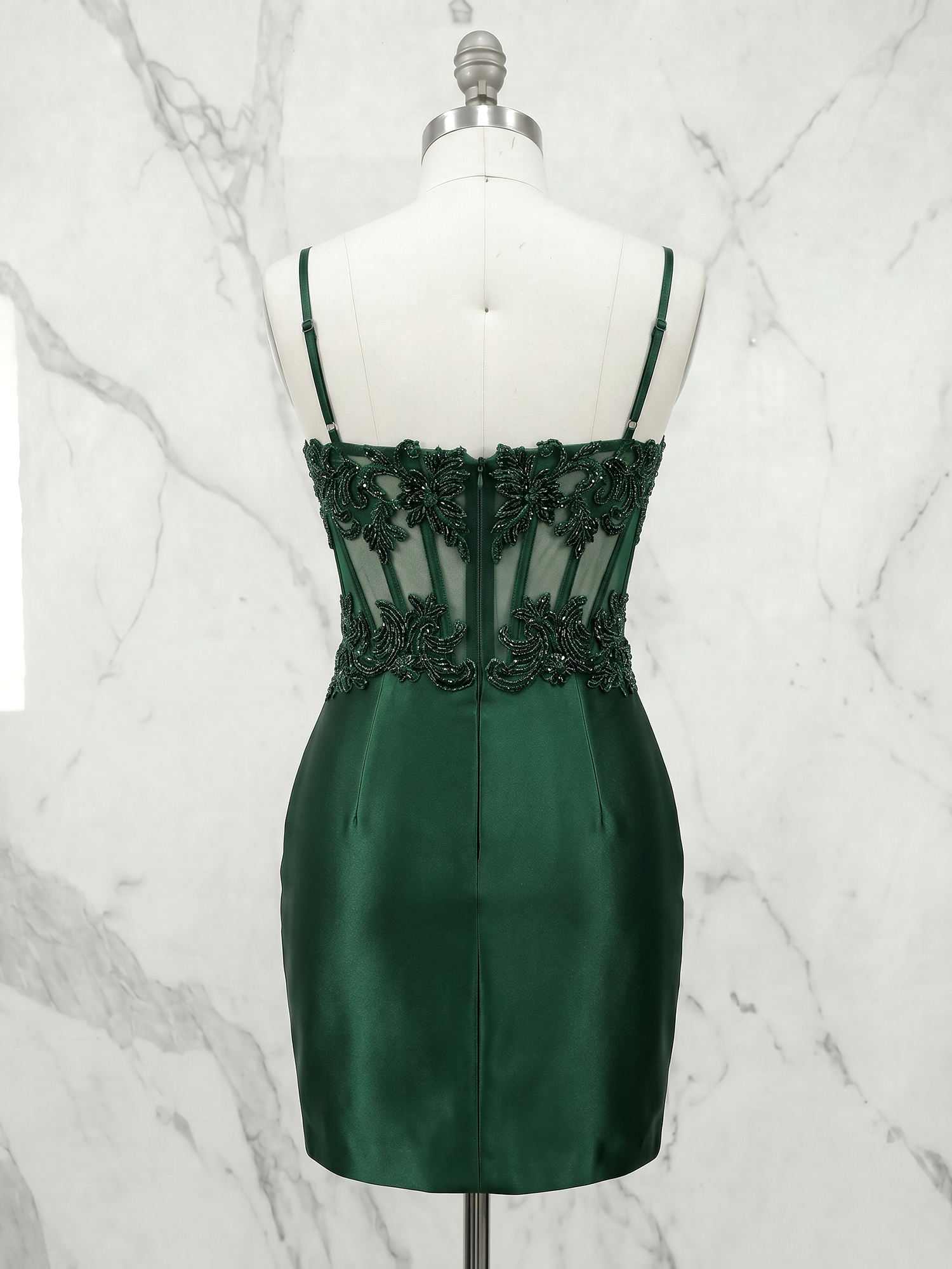 Emerald Green Beaded Lace Sheer Corset Satin Homecoming Dress