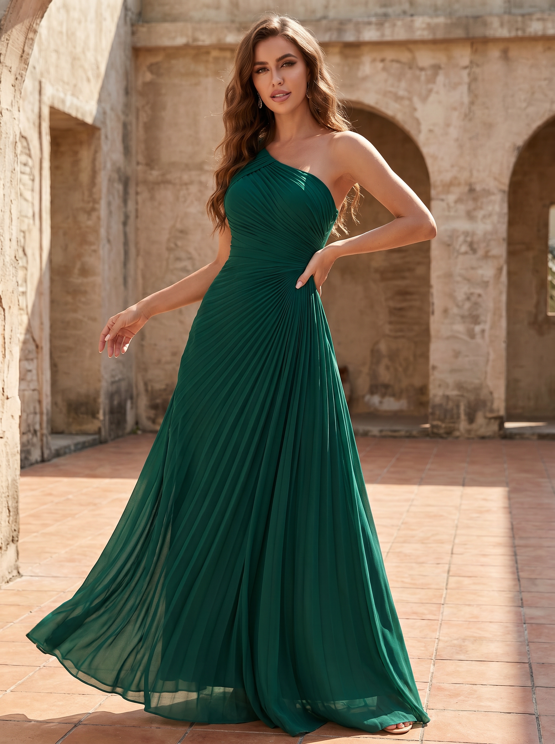Sophisticated Emerald Green Pleated One-Shoulder A-Line Formal Evening Dress