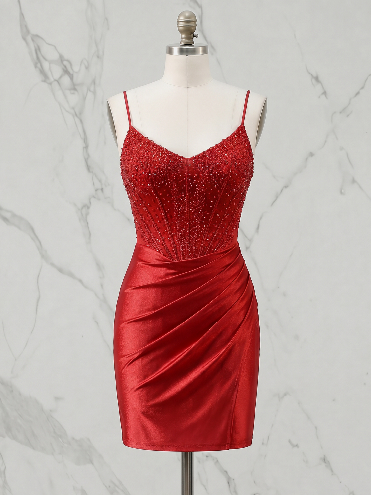 Red Radiance Beaded Corset Ruched Satin Mini Dress Homecoming Dress