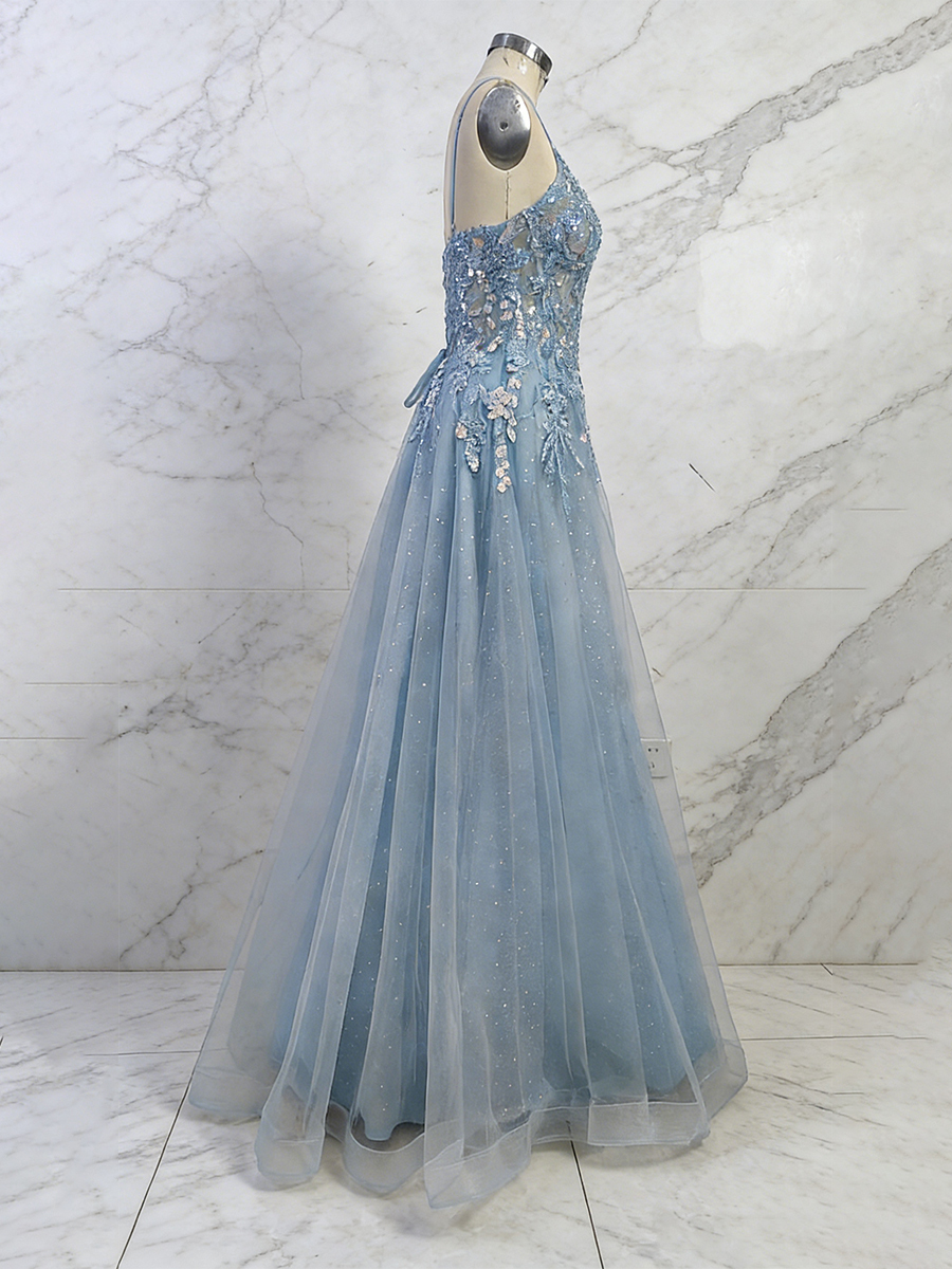 Dusty Blue Lace Appliqué Tulle A-Line Long Prom Dress