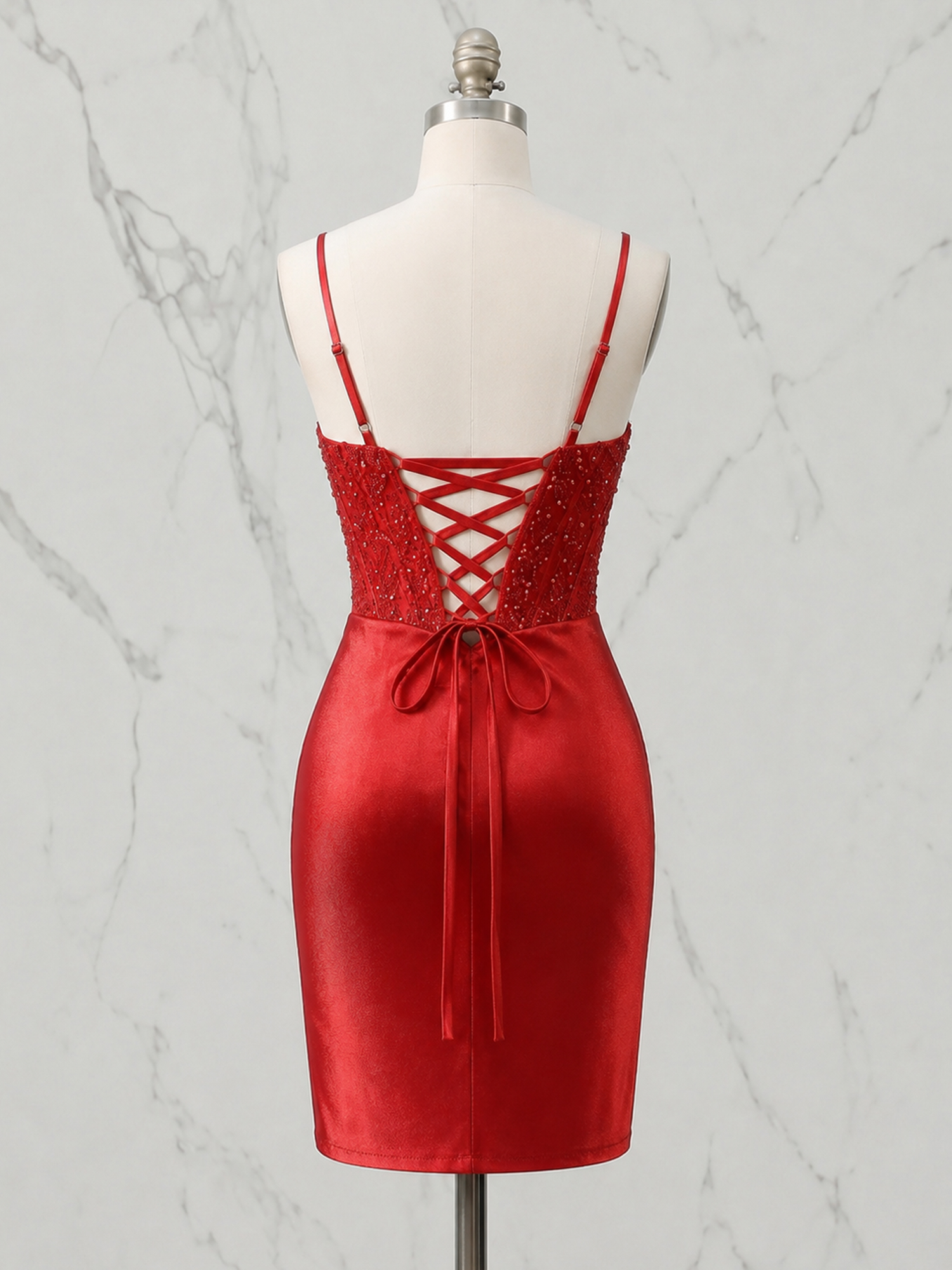 Red Radiance Beaded Corset Ruched Satin Mini Dress Homecoming Dress
