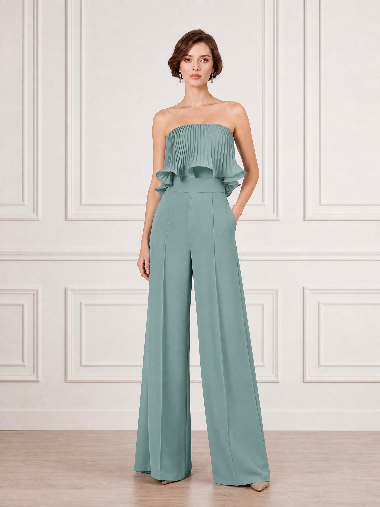 Sophisticated Sage Pleated Strapless Formal Evening Jumpsuit 