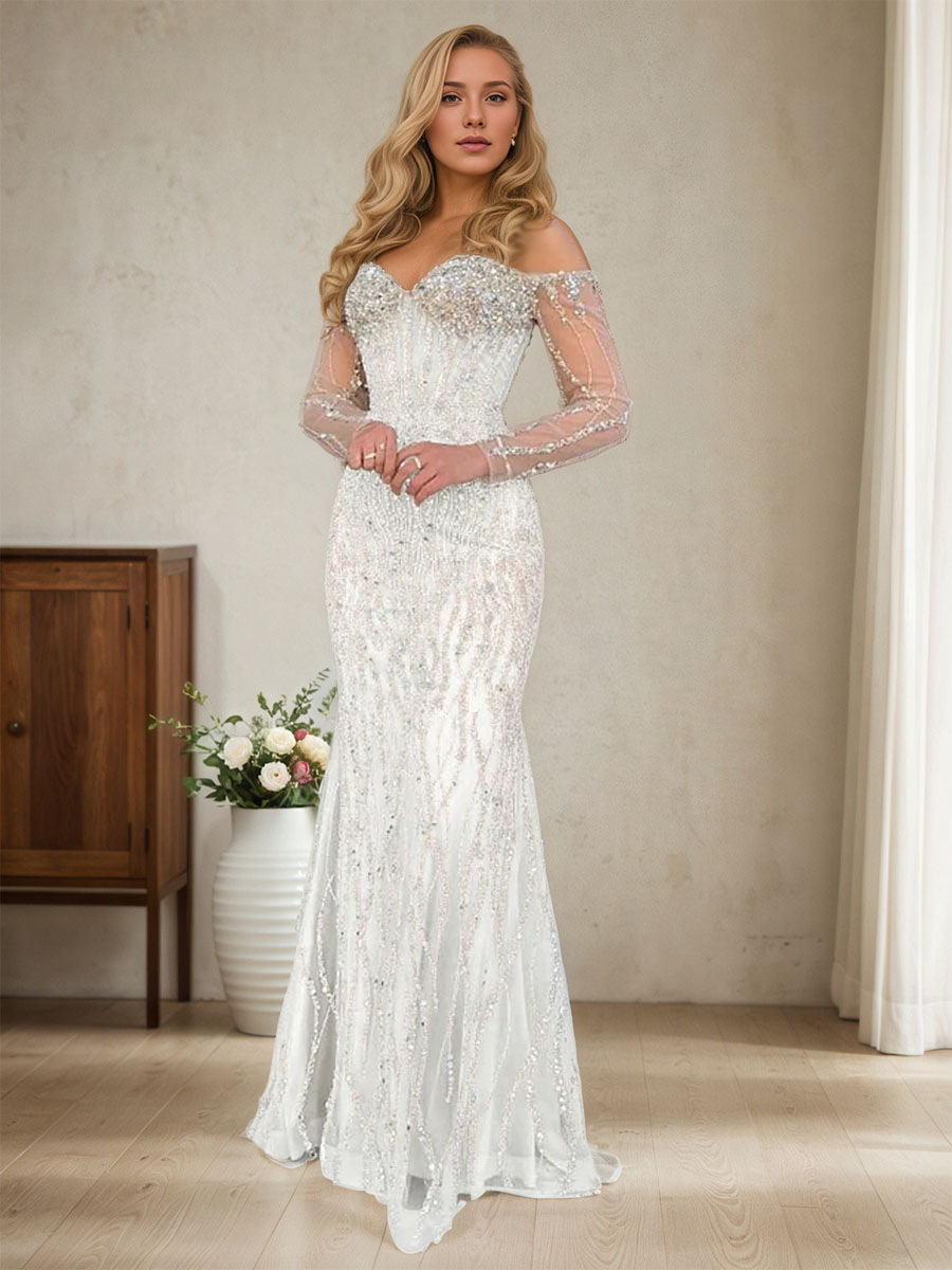 Champagne Crystal Embellished Off-the-Shoulder Mermaid Evening Gown