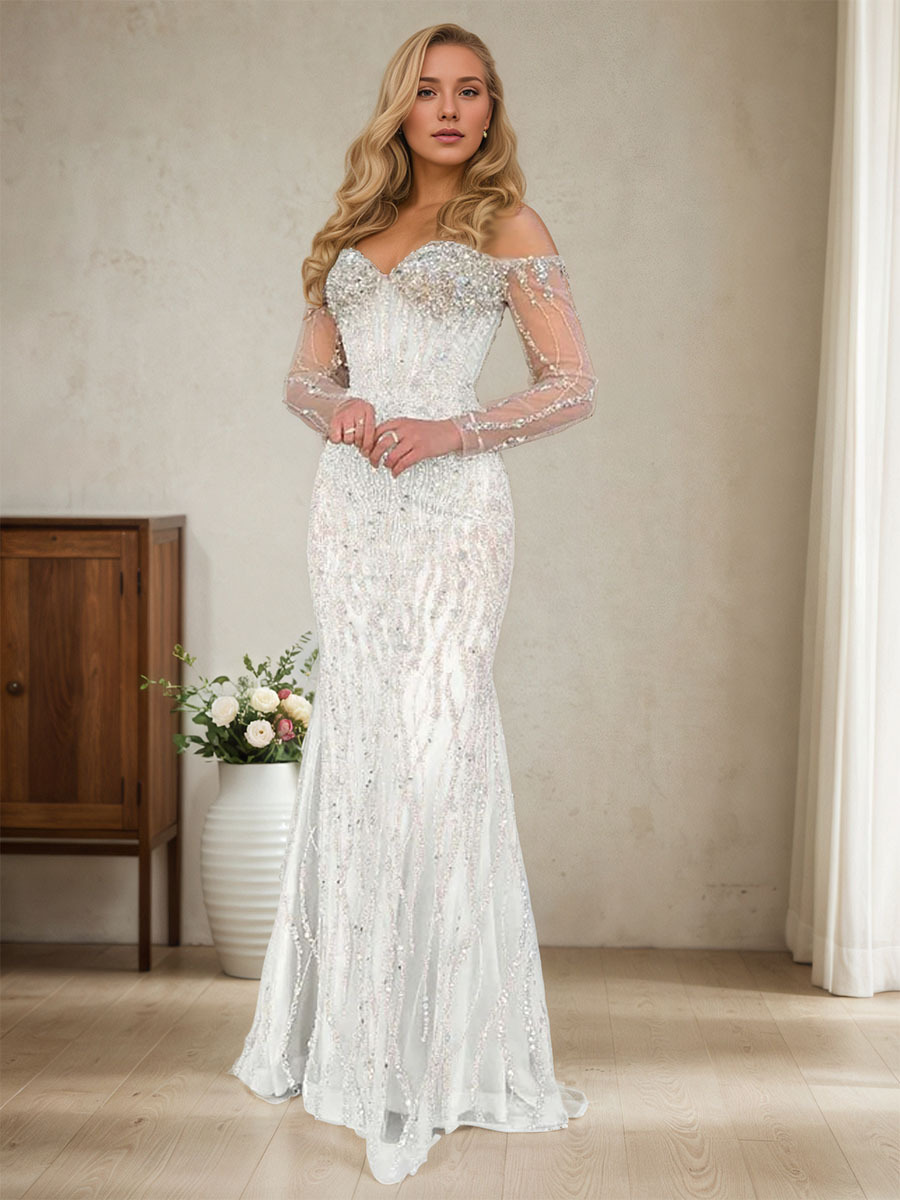 Champagne Crystal Embellished Off-the-Shoulder Mermaid Evening Gown