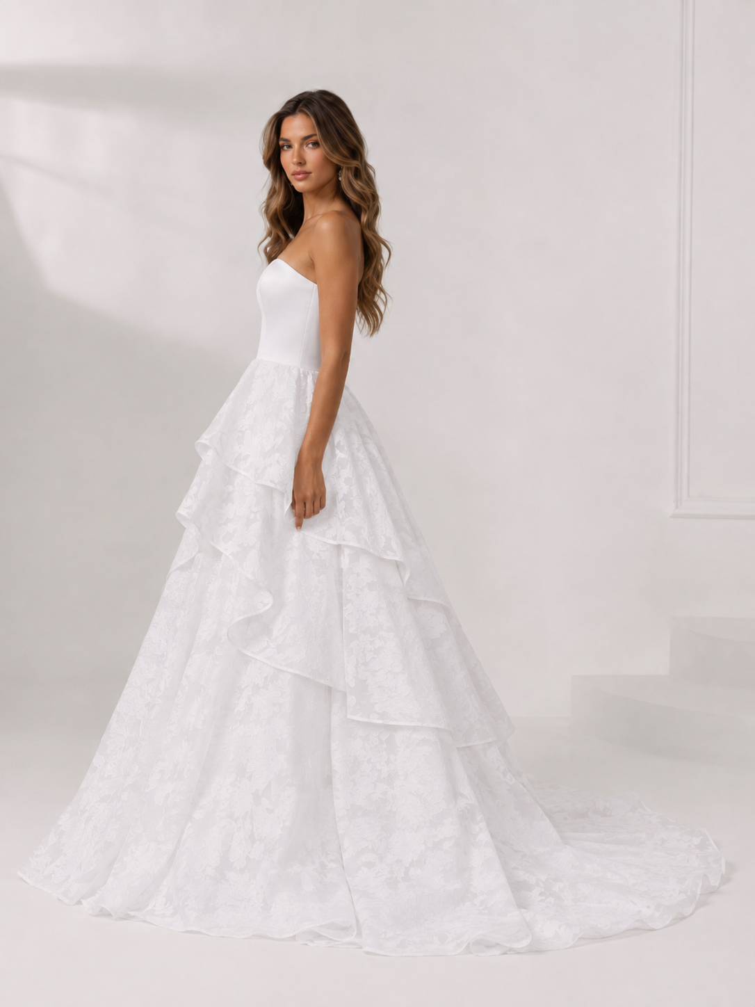 White Ball-Gown Strapless Floral Burnout Maxi Wedding Dress
