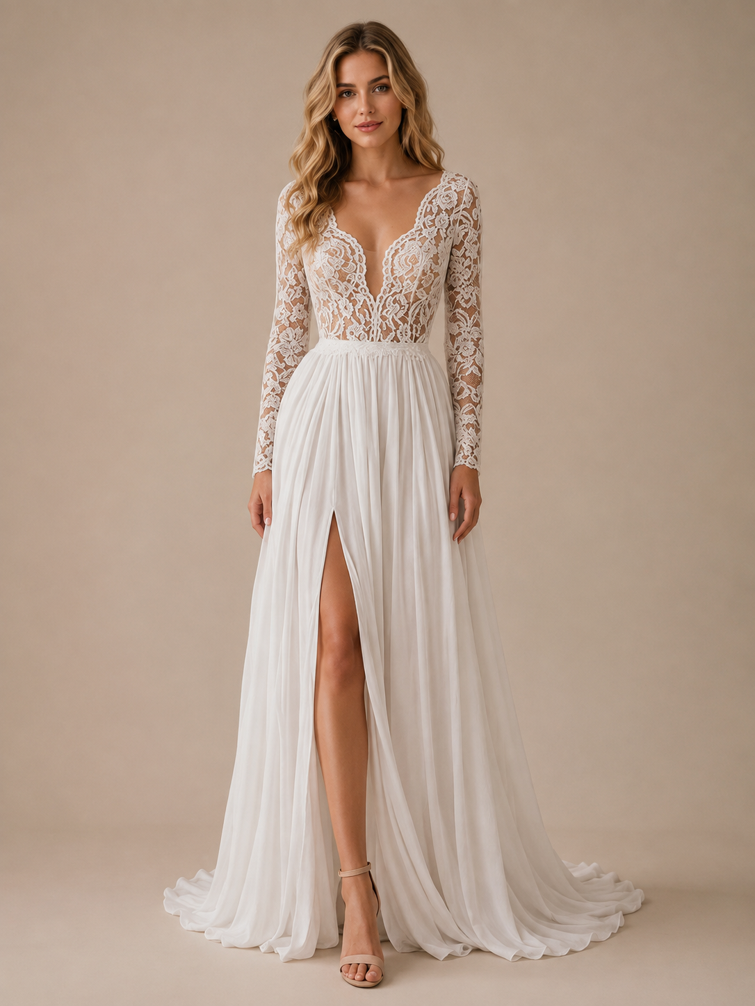 White Plunging V-Neck Lace Long-Sleeve High Slit A-Line Wedding Dress 