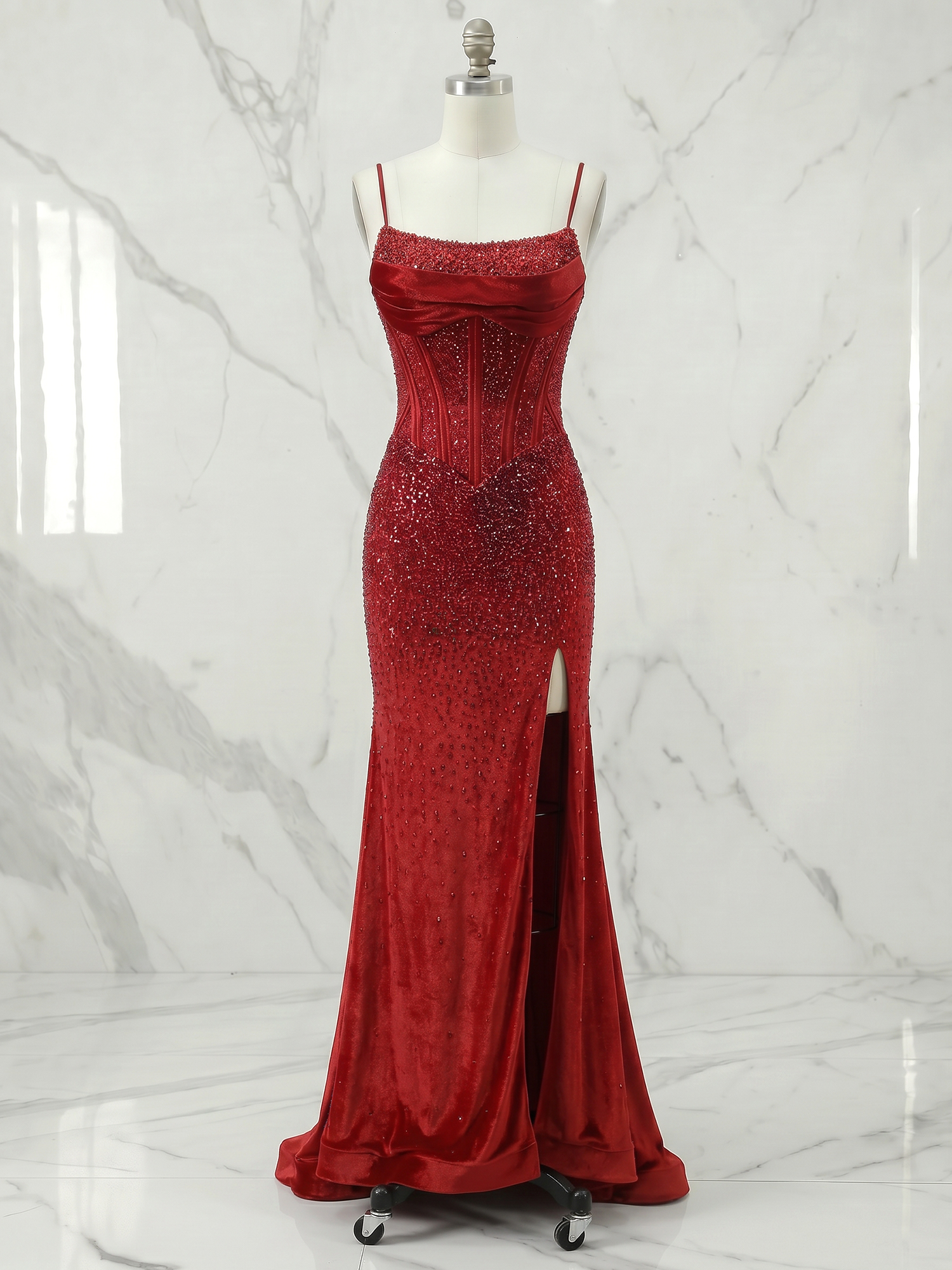 Red Velvet Radiance Crystal Corset Prom Dress with High Slit