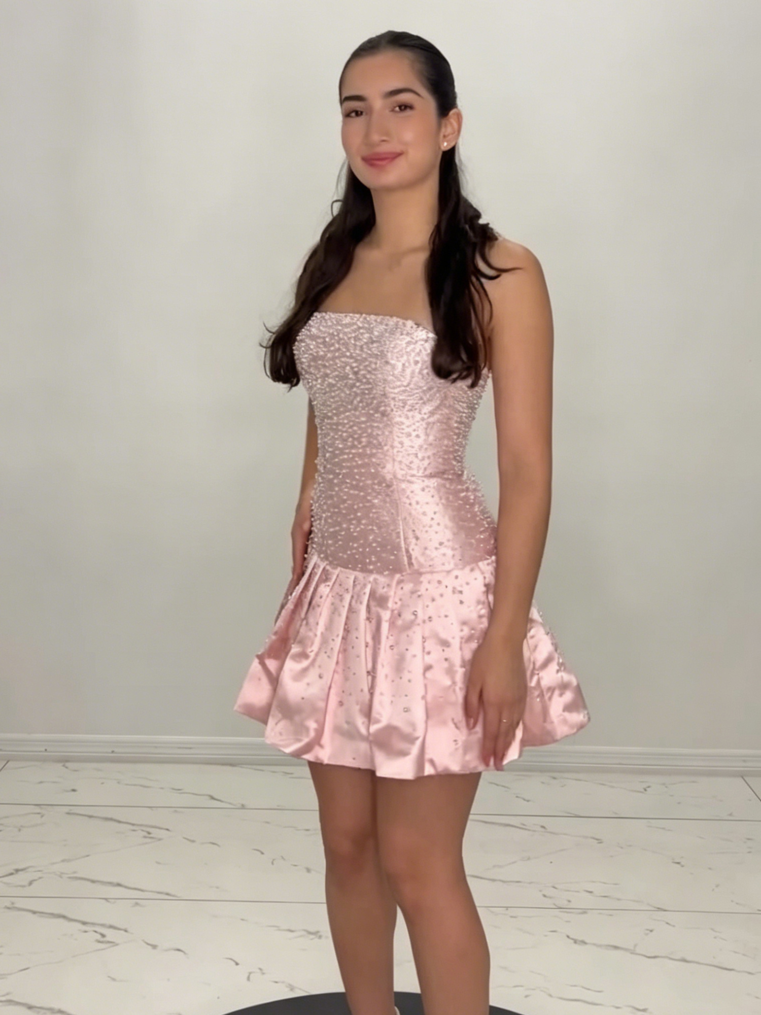 Blush Pink Strapless Beaded Satin Homecoming Dress