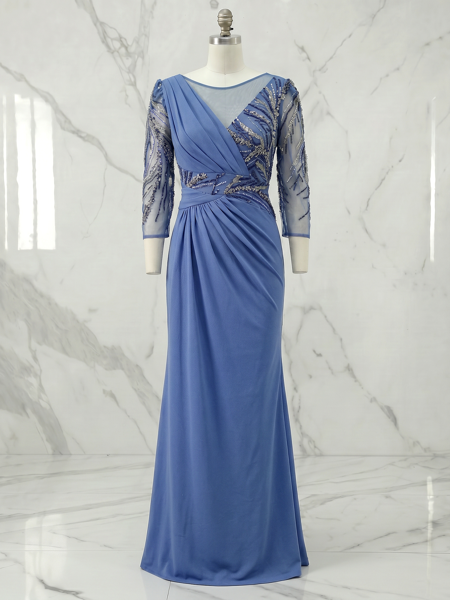 Elegant Slate Blue Mother of the Bride & Groom Dresses with Beaded Illusion Sleeves and Asymmetrical Ruching