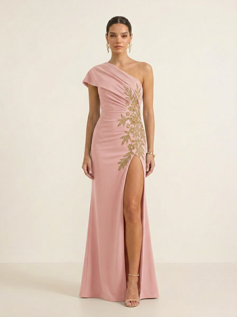 Sophisticated Gold-Embellished One-Shoulder Evening Dress With Slit