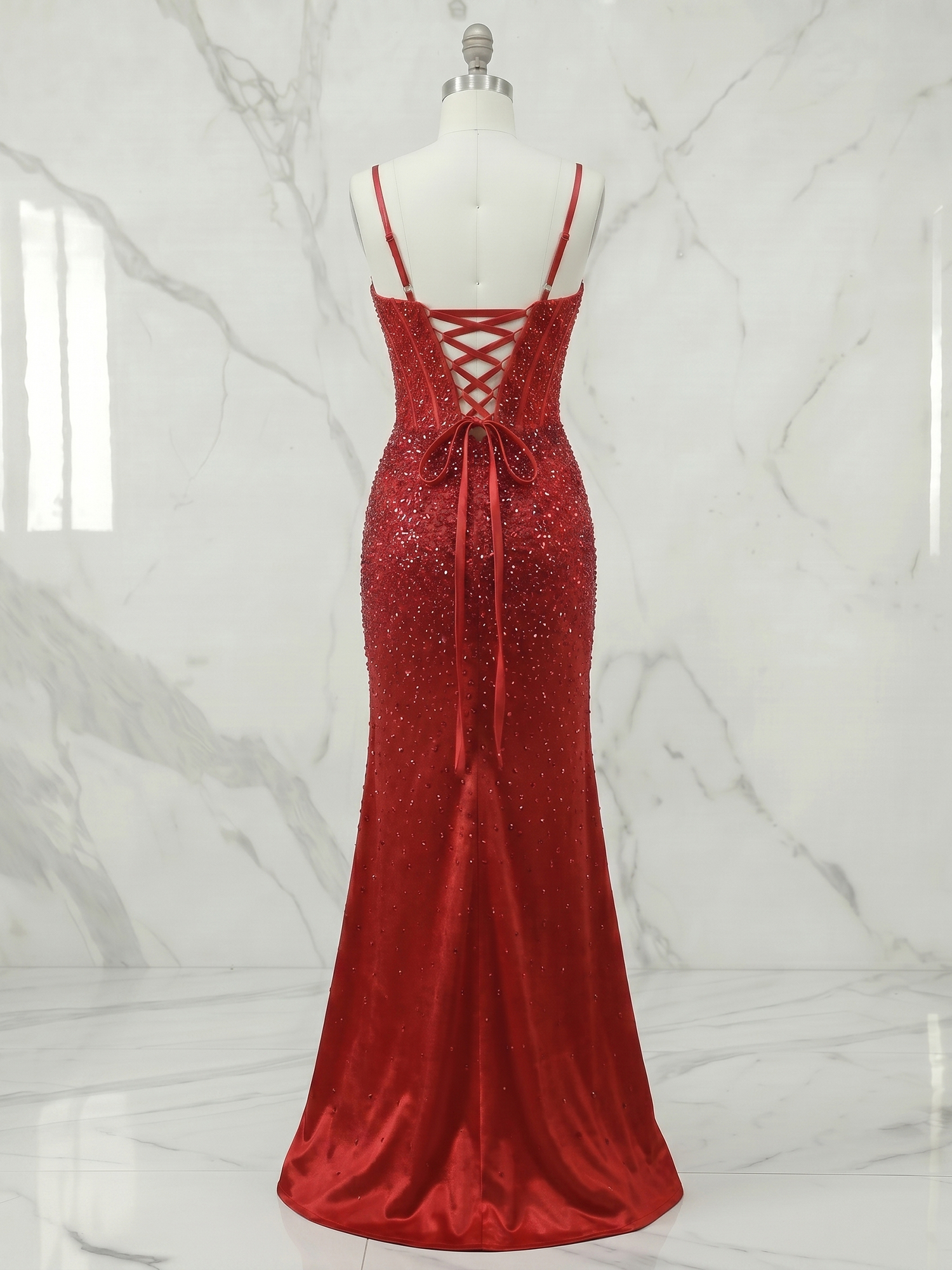 Red Velvet Radiance Crystal Corset Prom Dress with High Slit