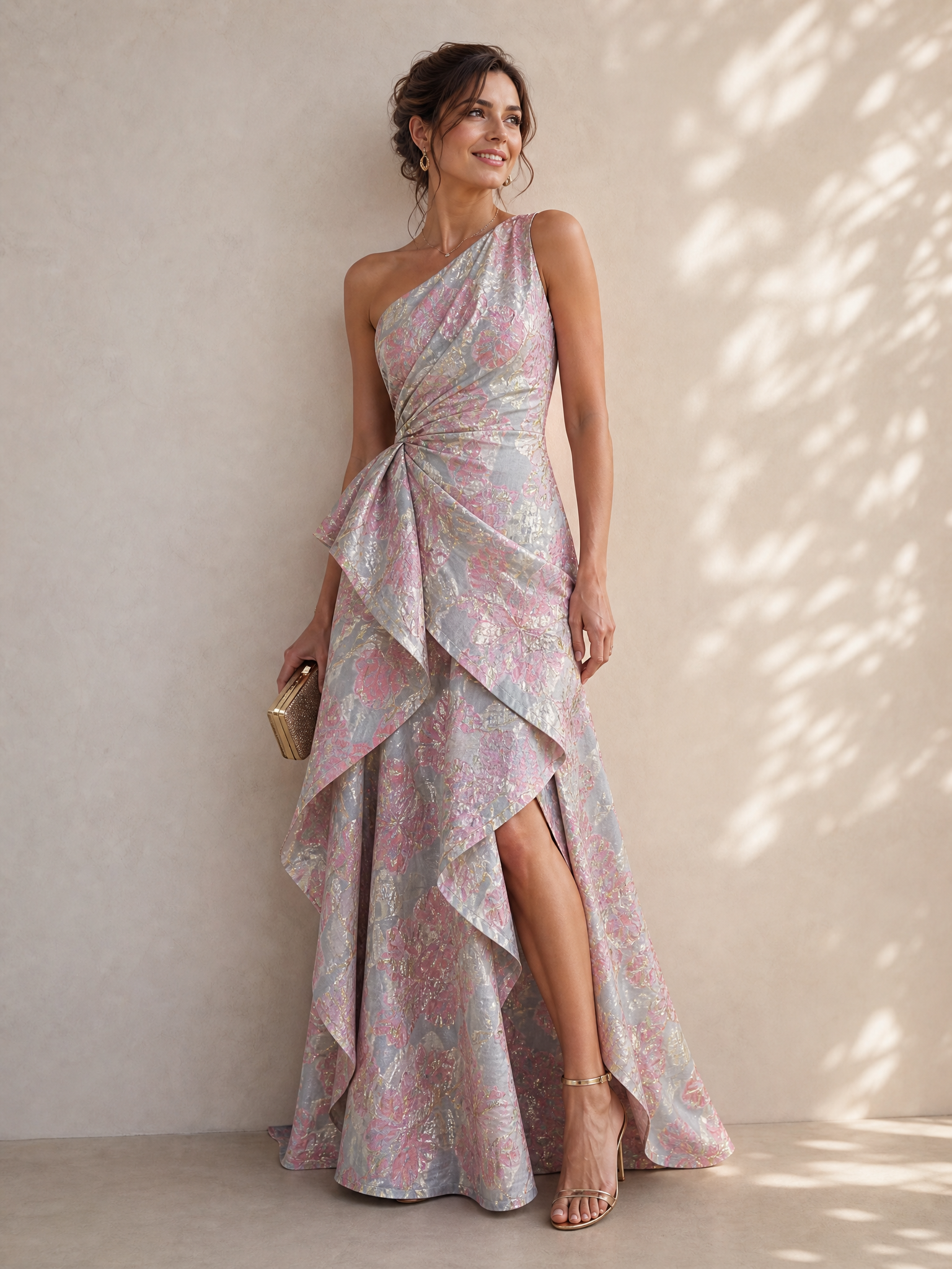 Floral Dusty Pink Jacquard One-Shoulder Cascade Formal Evening Dress 