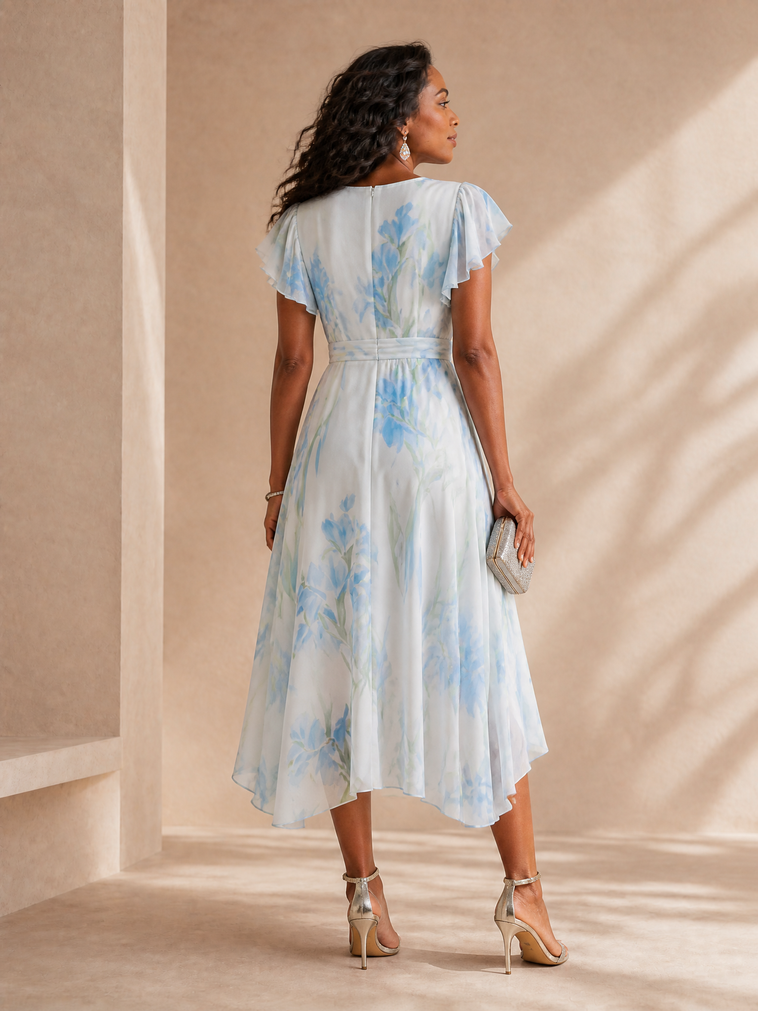 Luminous Blue Floral Chiffon Flutter-Sleeve High-Low V-Neck A-Line Midi Formal Evening Dress