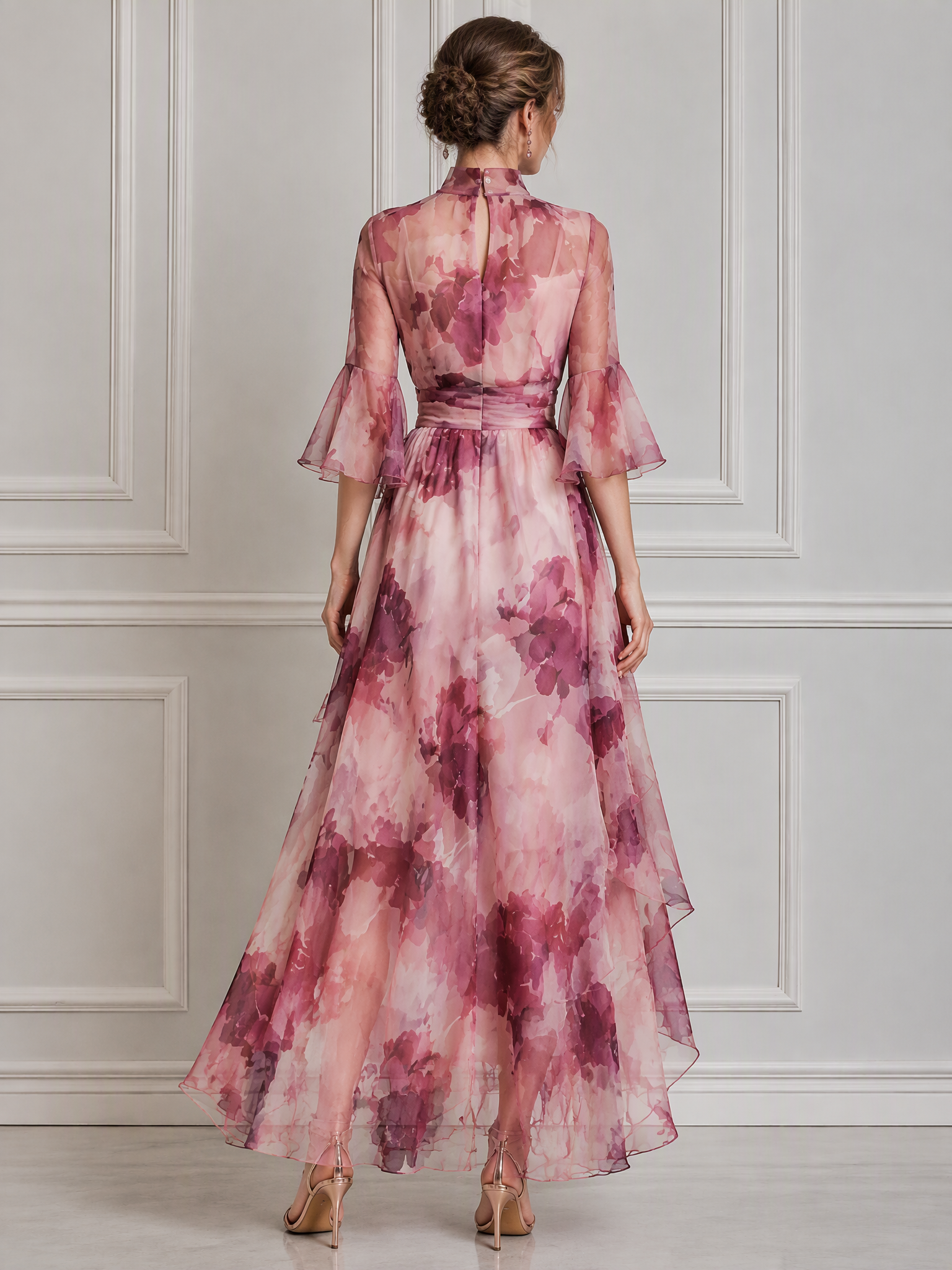 Dusty Rose Floral High-Neck Ruffled Slit Column Evening Gown Dress 