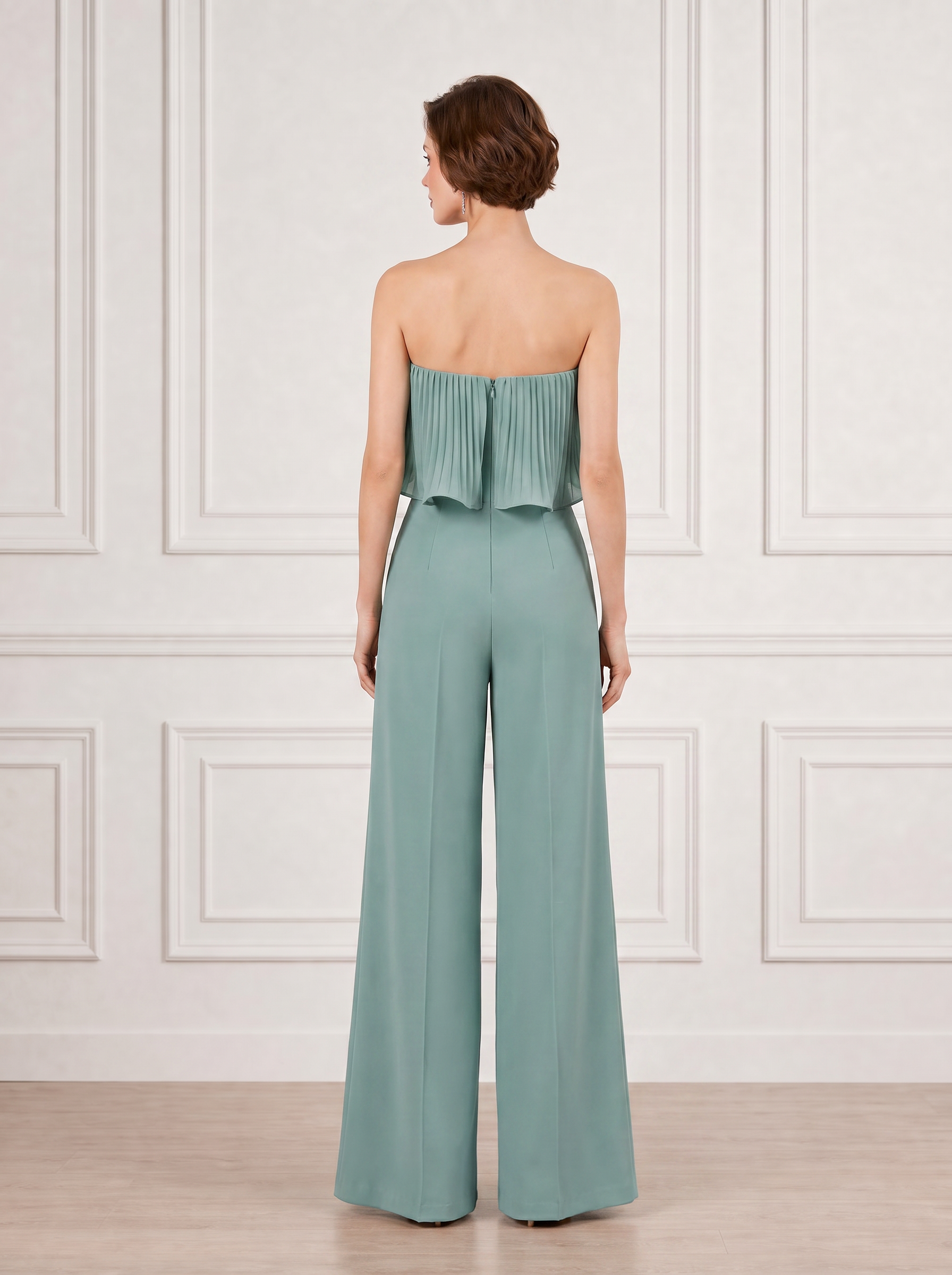 Sophisticated Sage Pleated Strapless Formal Evening Jumpsuit 