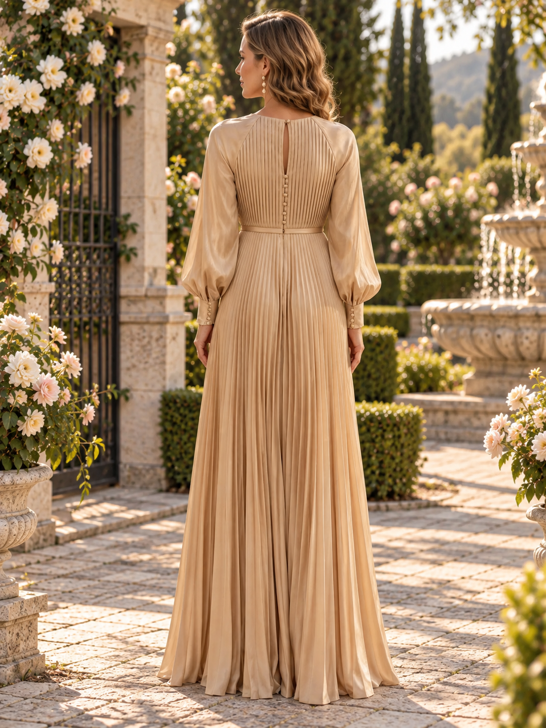 Champagne Gold Pleated Long-Sleeve Slit Sheath Mother of the Bride & Groom Dresses 