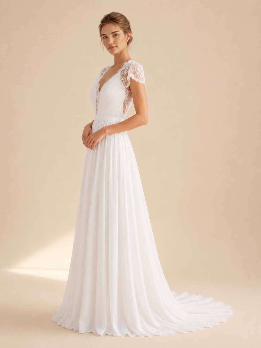 White V-Neck Cap-Sleeve Lace-Accented Chiffon Wedding Dress 