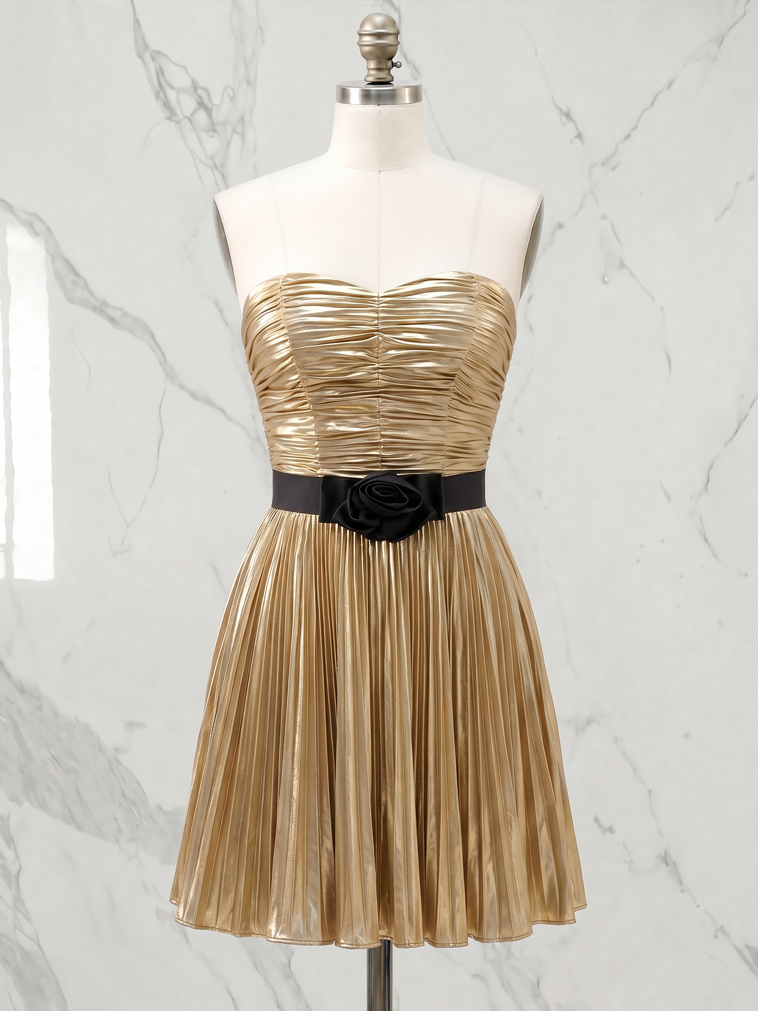 Radiant Metallic Gold Pleated Homecoming Dress with Black Waist Accent