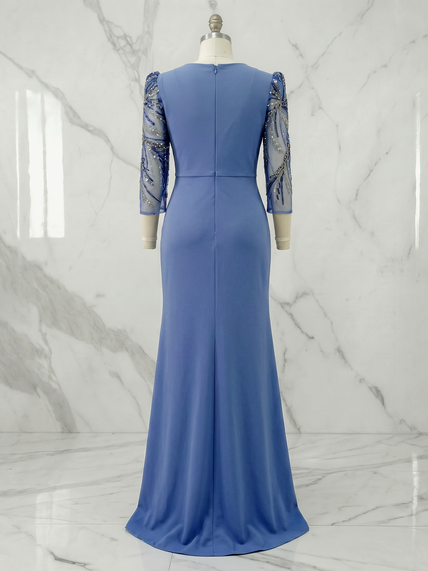 Elegant Slate Blue Mother of the Bride & Groom Dresses with Beaded Illusion Sleeves and Asymmetrical Ruching