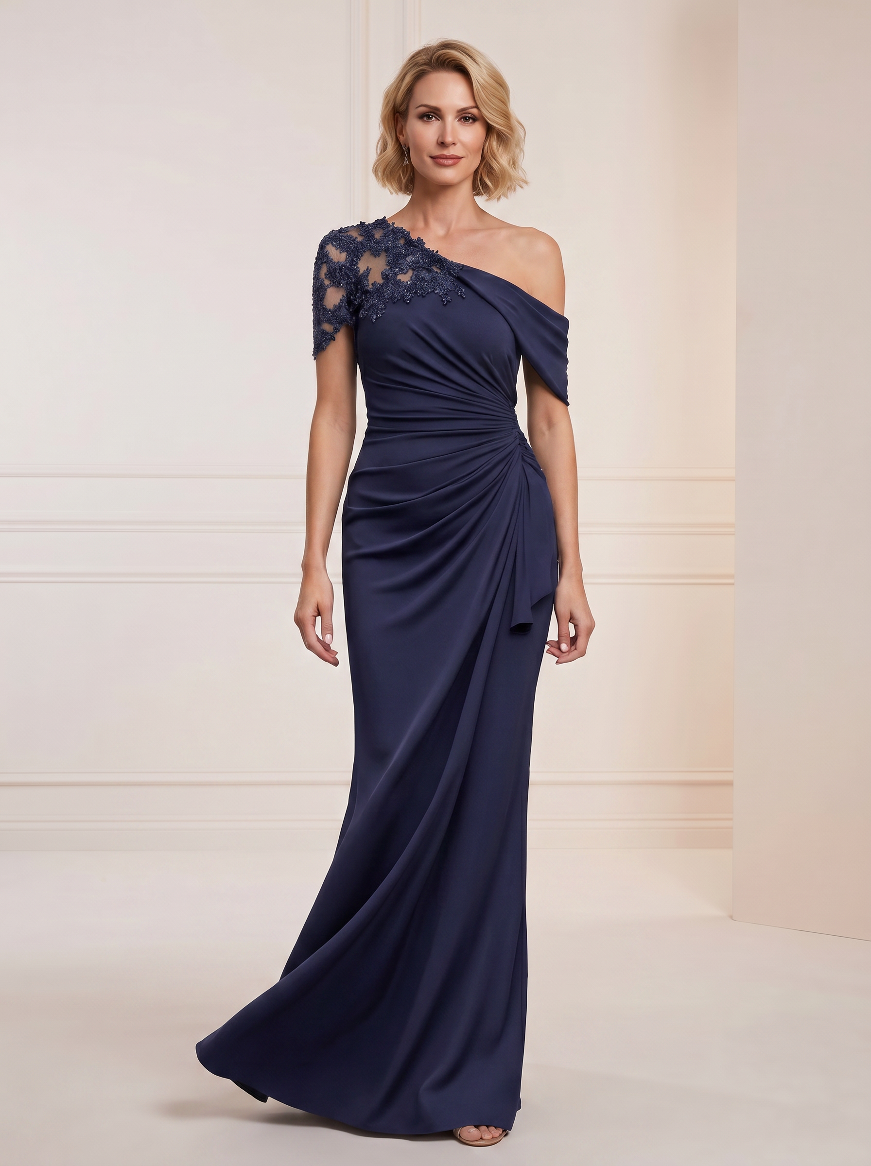 Refined Navy Blue Off-the-Shoulder Column Formal Evening Dress