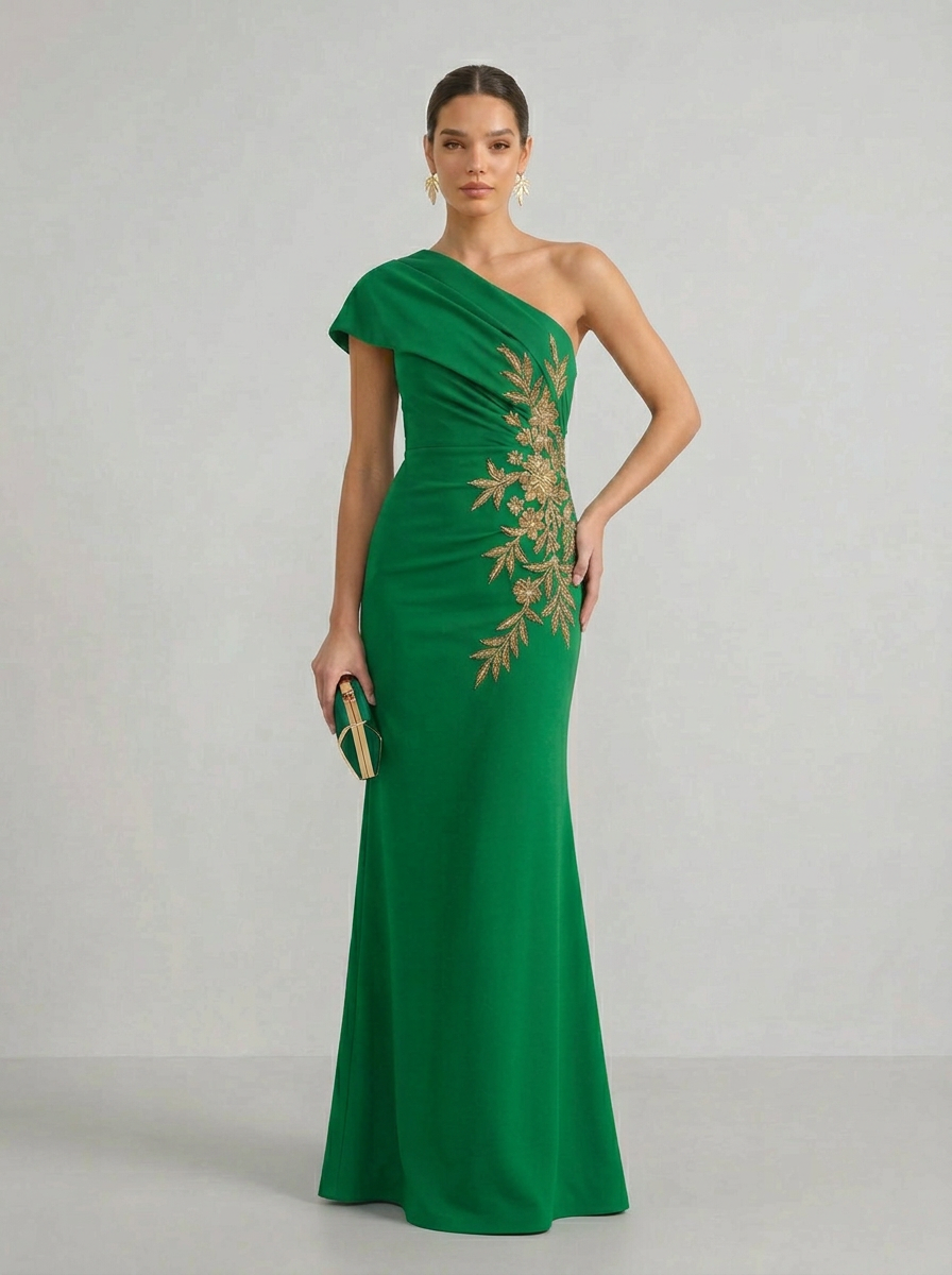 Sophisticated Gold-Embellished One-Shoulder Evening Dress With Slit