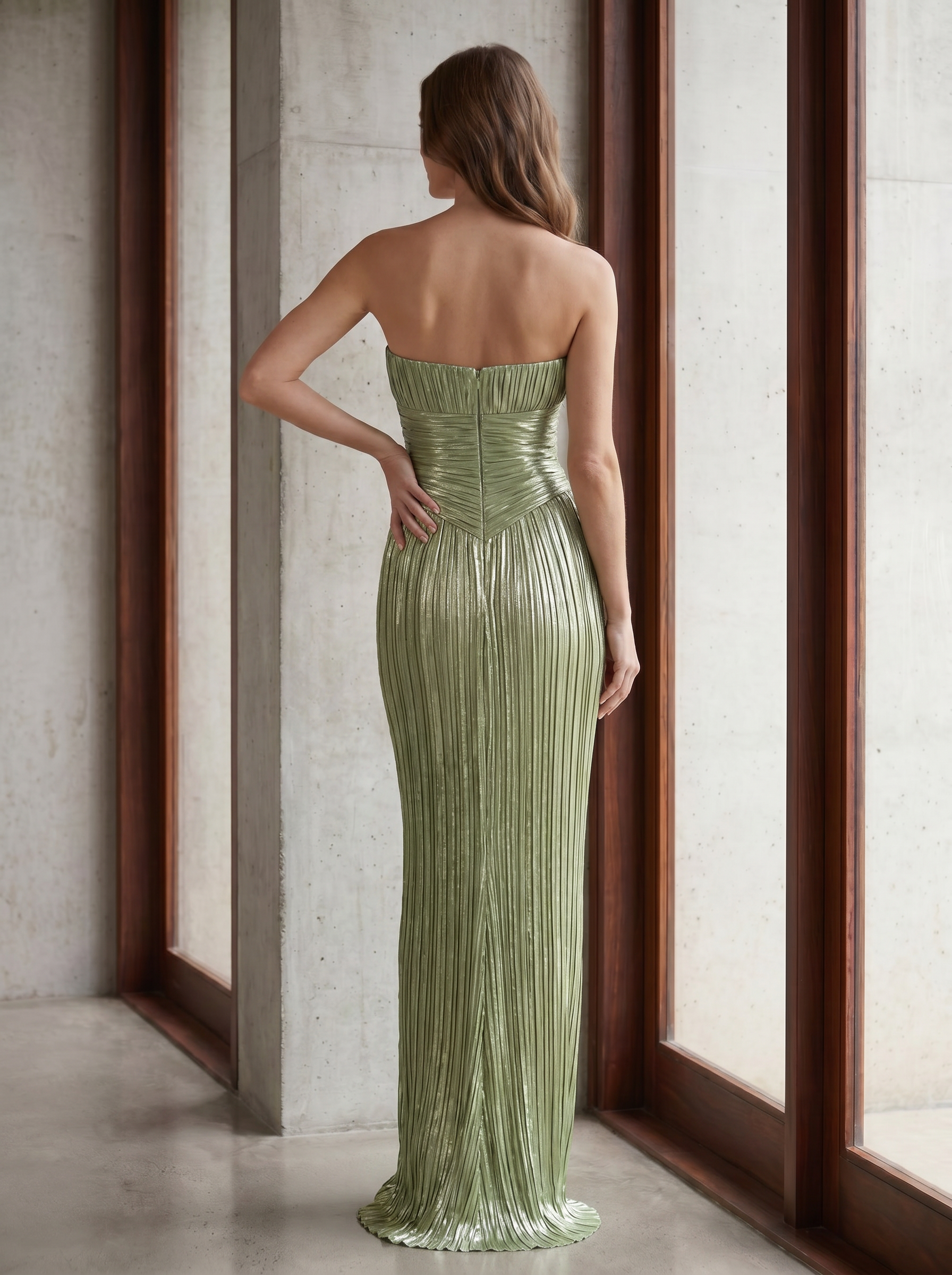 Luminous Sage Metallic Pleated Corset Sheath Strapless Sweetheart Formal Evening Dress 