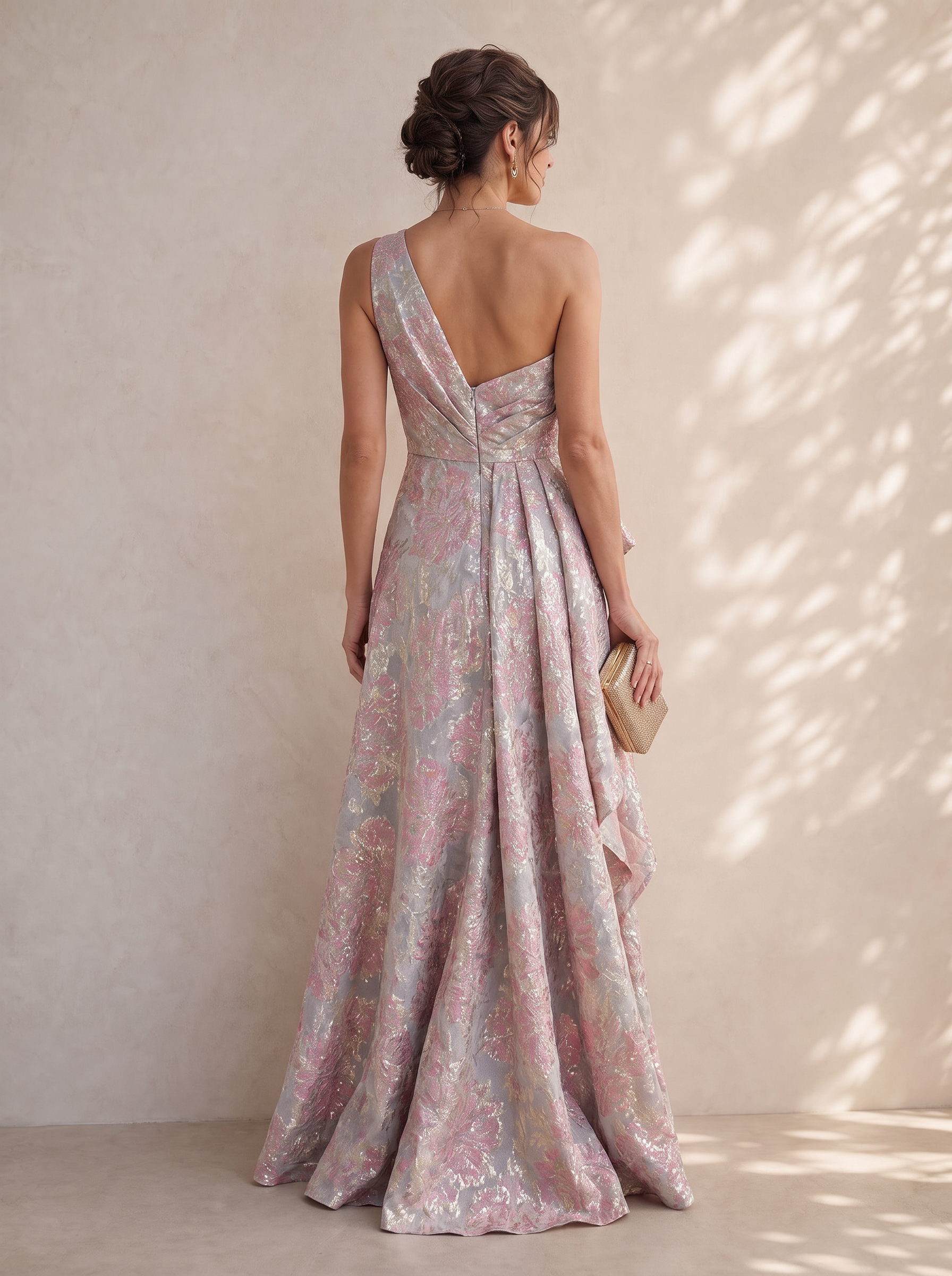 Floral Dusty Pink Jacquard One-Shoulder Cascade Formal Evening Dress 