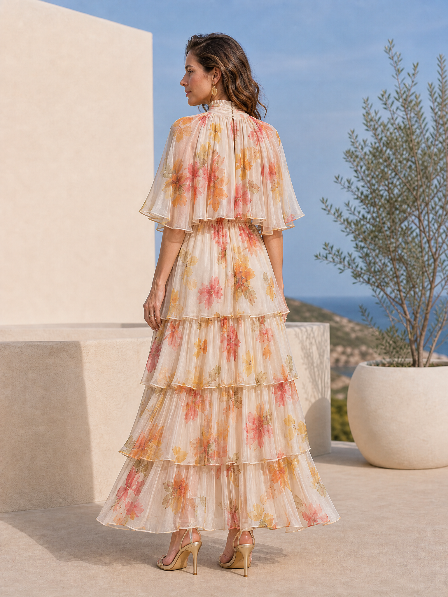 Sunset Floral Mock-Neck Tiered Maxi Formal Evening Dress with Cape Overlay