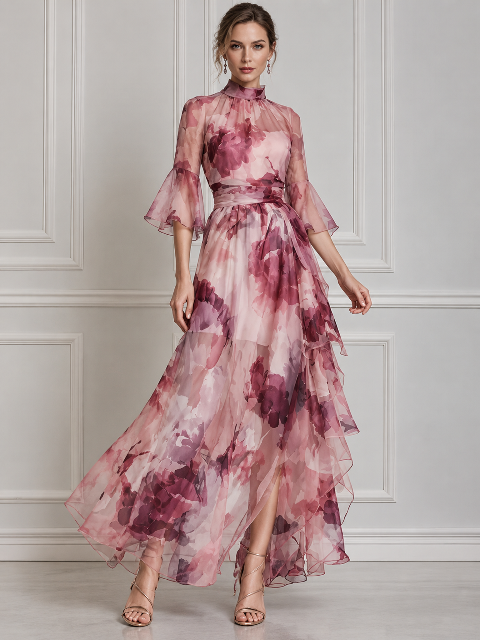 Dusty Rose Floral High-Neck Ruffled Slit Column Evening Gown Dress 