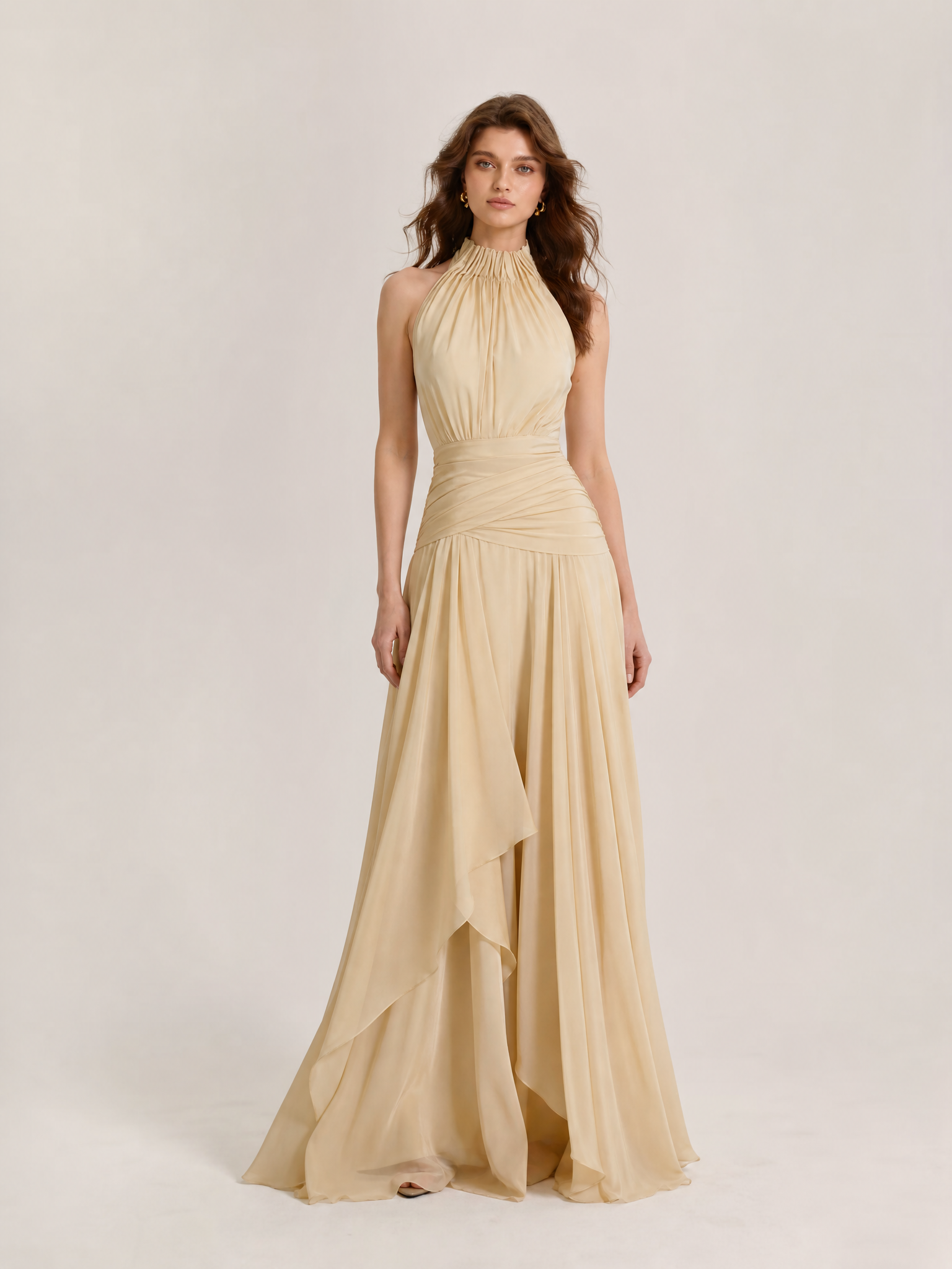 Ethereal Champagne Chiffon Halter A-Line Formal Evening Dress 