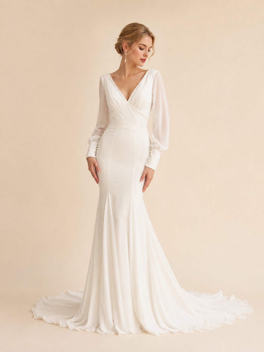 Ivory Long-Sleeve V-Neck Mermaid Wedding Dress 