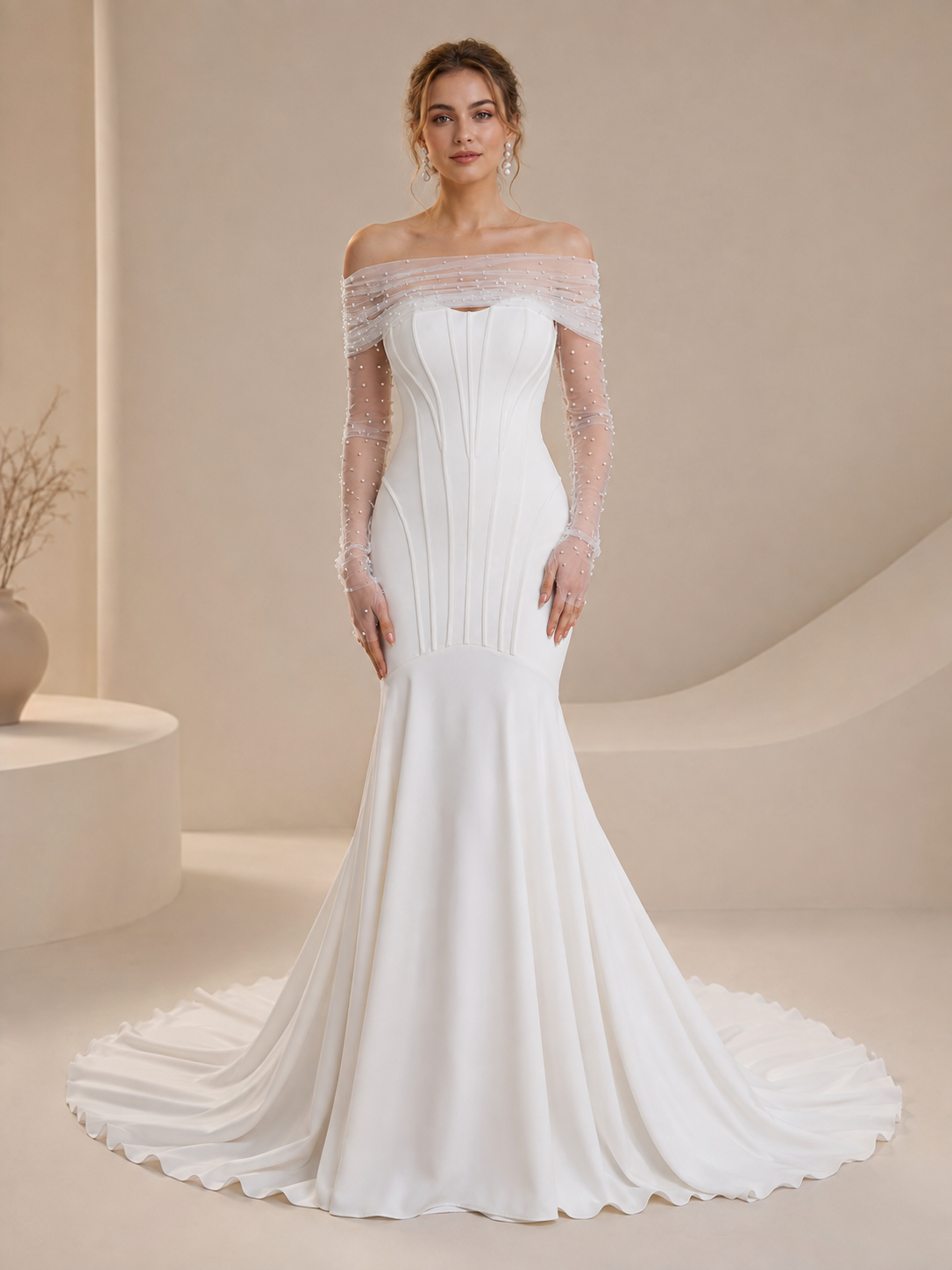 White Off-the-Shoulder Sweetheart Draped Satin Mermaid Wedding Dress 