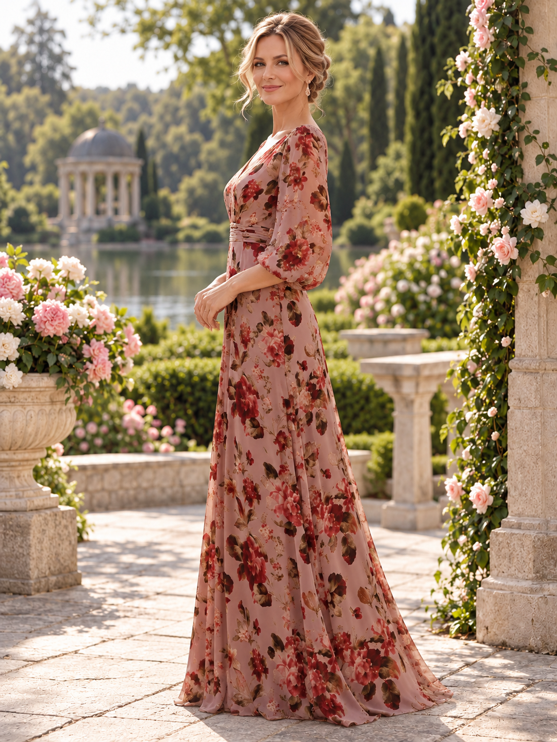 Romantic Dusty Rose Floral Chiffon V-Neck A-Line Mother of the Bride & Groom Dresses 